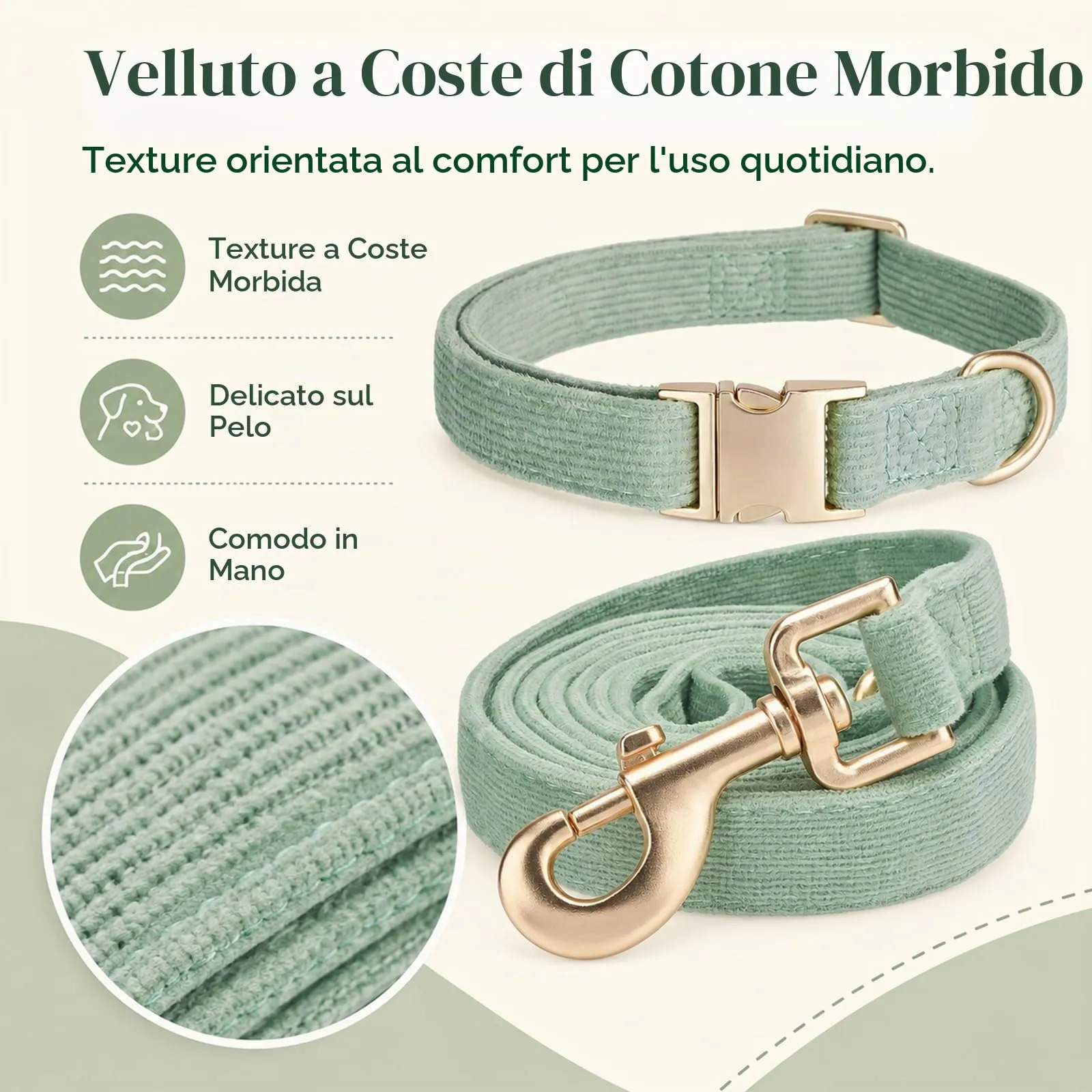 YUDOTE Set di Collare e Guinzaglio per Cani Piccolo, Morbido Collare e Guinzaglio in Corduroy Non Irritante Combinazione Abbinata per Passeggiate Quotidiane, Verde Salvia - immagine 3