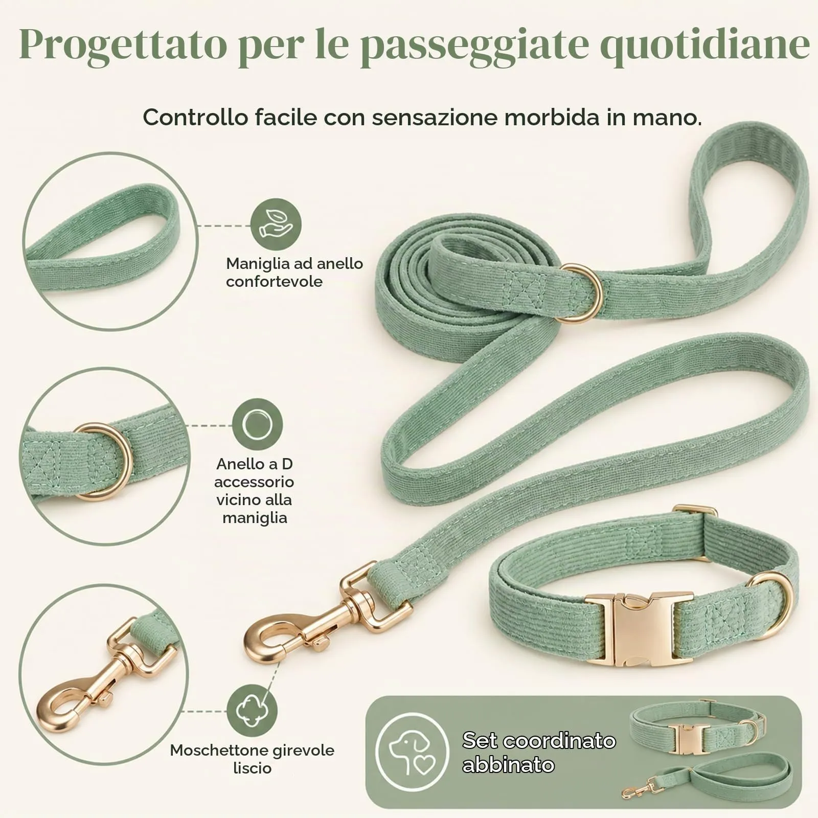 YUDOTE Set di Collare e Guinzaglio per Cani Piccolo, Morbido Collare e Guinzaglio in Corduroy Non Irritante Combinazione Abbinata per Passeggiate Quotidiane, Verde Salvia - immagine 5