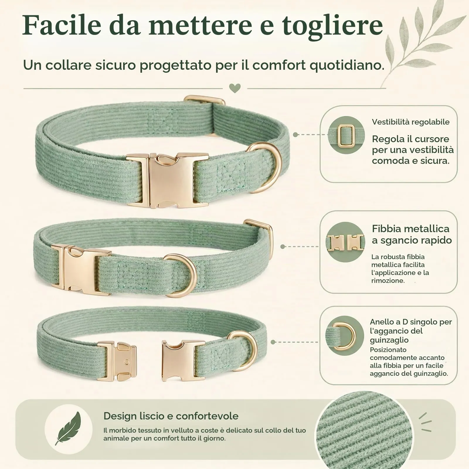 YUDOTE Set di Collare e Guinzaglio per Cani Piccolo, Morbido Collare e Guinzaglio in Corduroy Non Irritante Combinazione Abbinata per Passeggiate Quotidiane, Verde Salvia - immagine 6