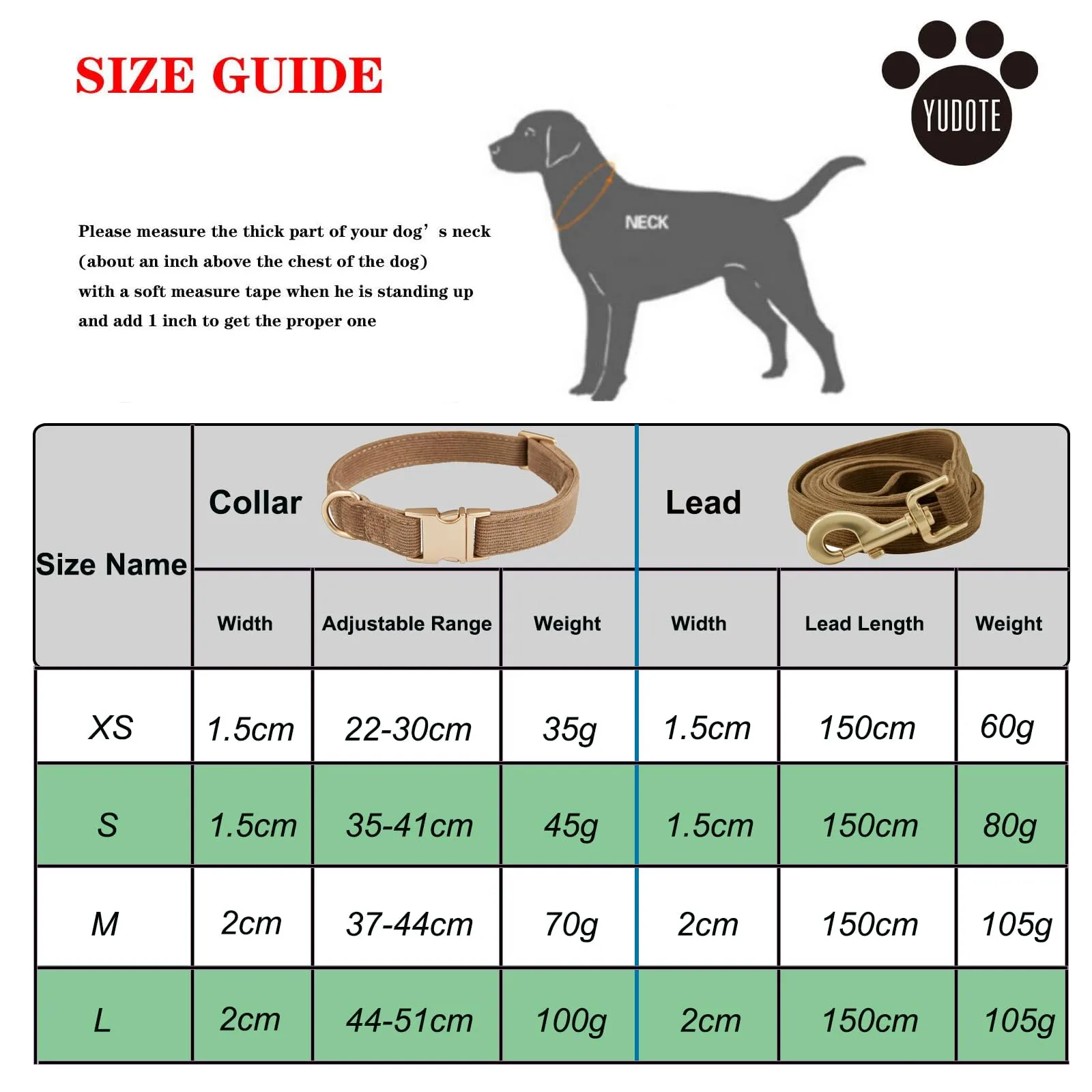 YUDOTE Set di Collare e Guinzaglio per Cani Grande, Morbido Collare e Guinzaglio in Corduroy Non Irritante Combinazione Abbinata per Passeggiate Quotidiane, Marrone - immagine 2