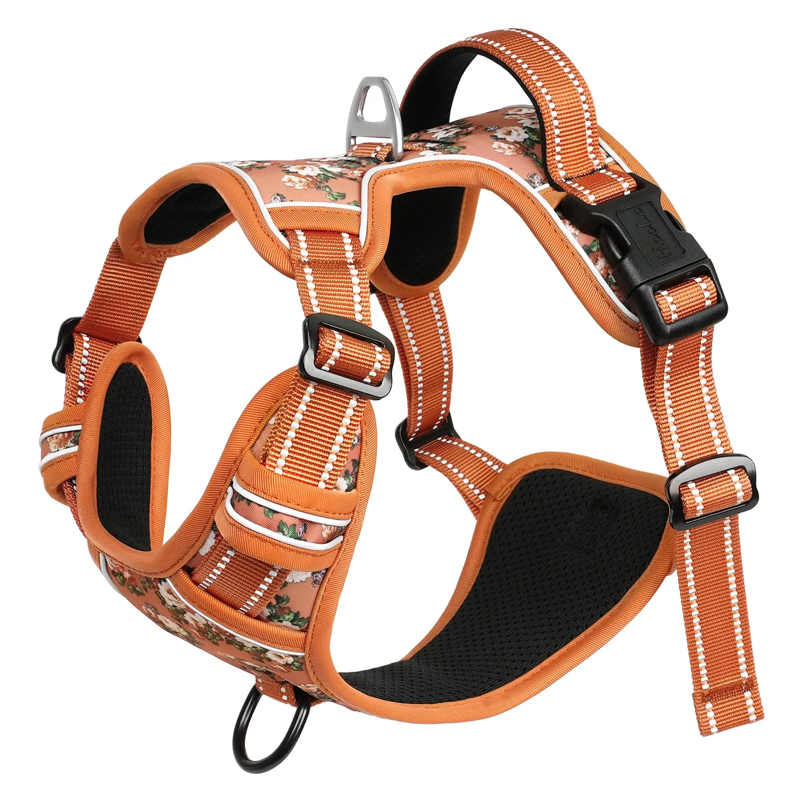 HEELE Pettorina Cane con Motivo Stampato, Riflettente Pettorina Addestramento Cani Anti Tiro con 2 Ganci in Metallo + Comodo Maniglia, Gilet per Cani Regolabile per Camminare, Fiori-Arancione, XL - immagine 2