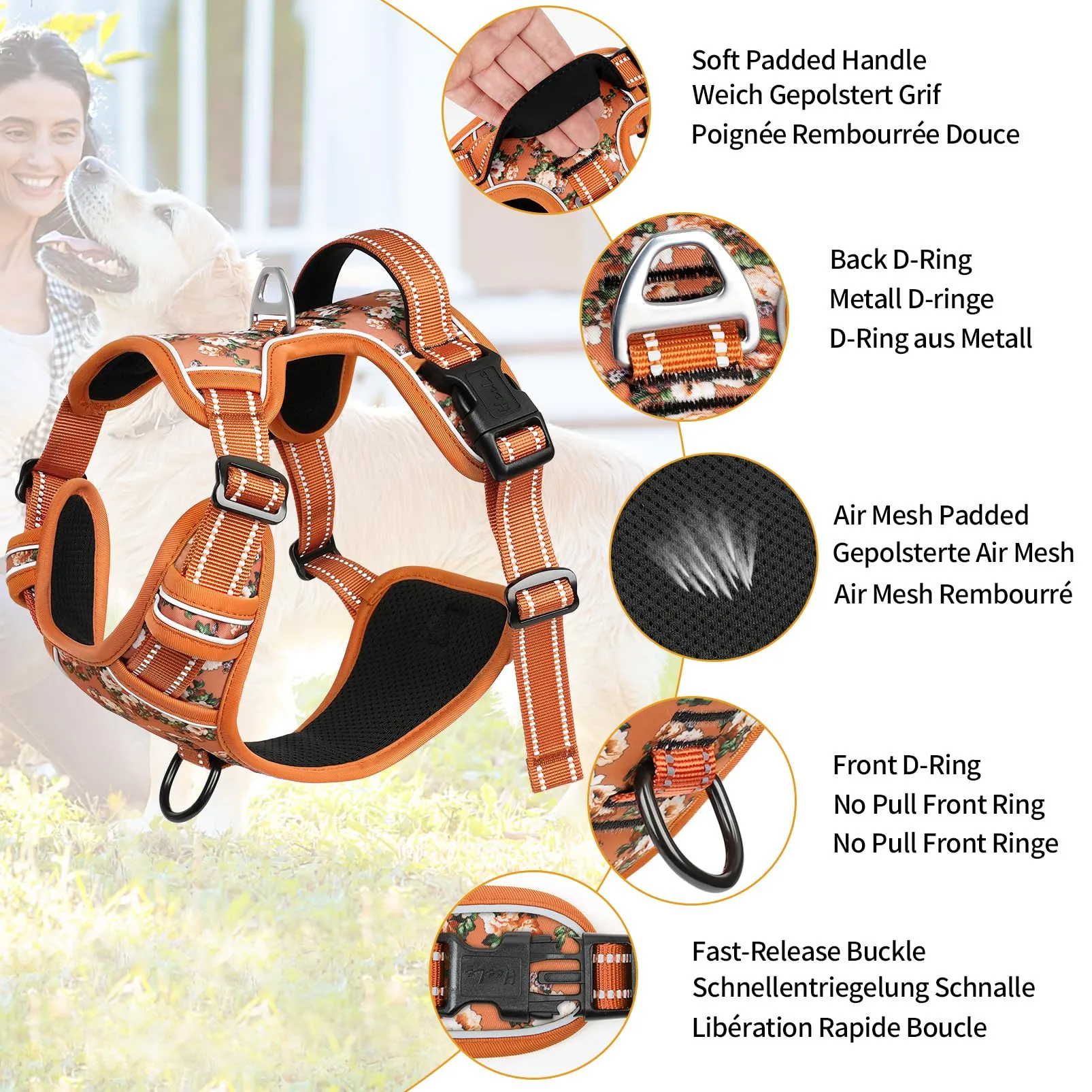 HEELE Pettorina Cane con Motivo Stampato, Riflettente Pettorina Addestramento Cani Anti Tiro con 2 Ganci in Metallo + Comodo Maniglia, Gilet per Cani Regolabile per Camminare, Fiori-Arancione, XL - immagine 4