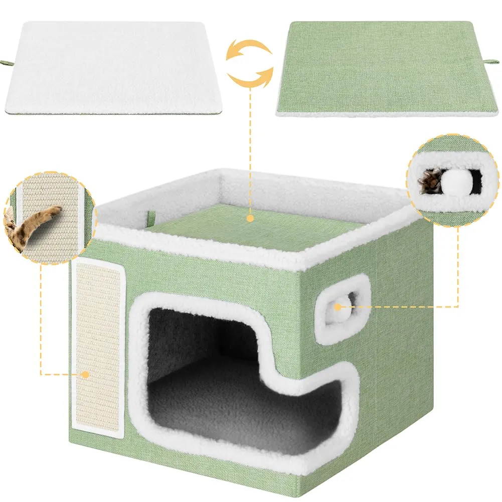 BAKAJI Cuccia per Gatti pieghevole con Grande Ingresso, Casetta Rifugio per Animali Domestici, Tiragraffi in Poliestere Caldo e Imbottito, Cuccetta Graffiatoio Base Antiscivolo 42x42x33 cm (Verde) - immagine 2