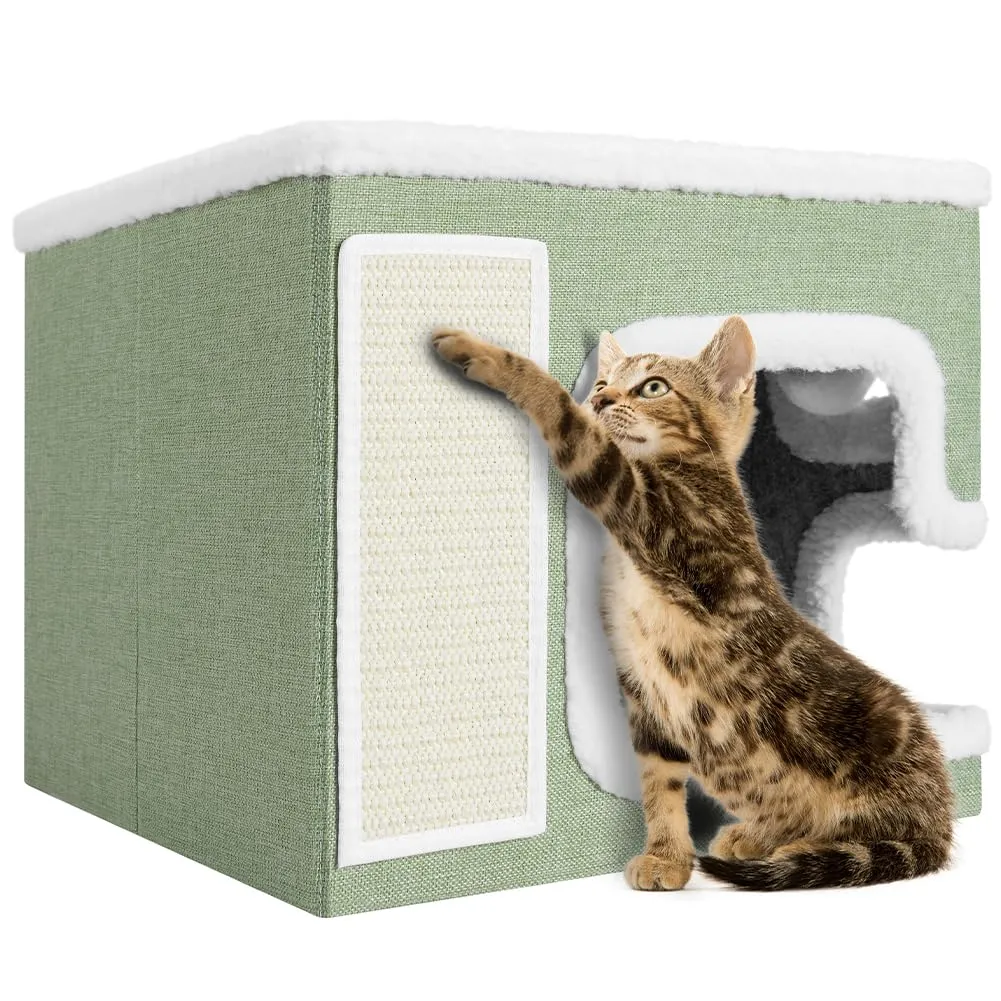 BAKAJI Cuccia per Gatti pieghevole con Grande Ingresso, Casetta Rifugio per Animali Domestici, Tiragraffi in Poliestere Caldo e Imbottito, Cuccetta Graffiatoio Base Antiscivolo 42x42x33 cm (Verde) - immagine 3