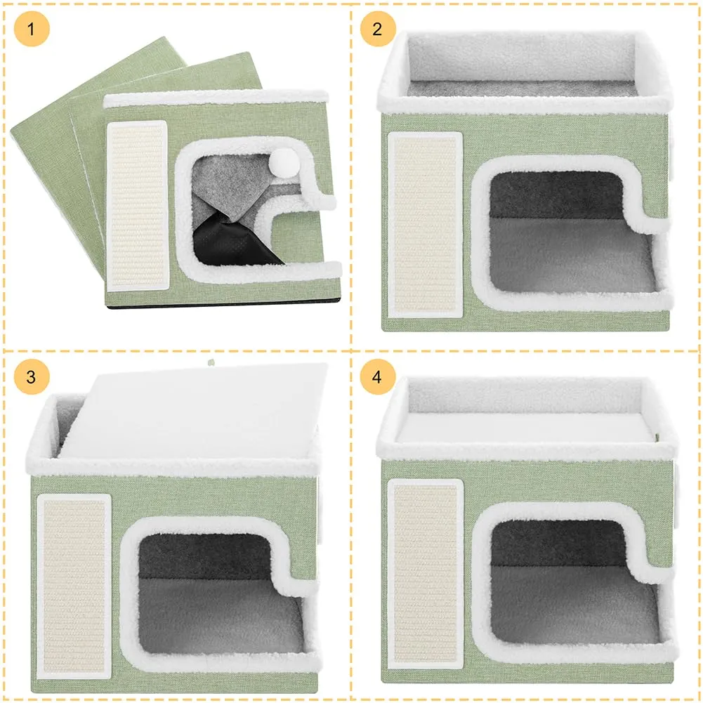 BAKAJI Cuccia per Gatti pieghevole con Grande Ingresso, Casetta Rifugio per Animali Domestici, Tiragraffi in Poliestere Caldo e Imbottito, Cuccetta Graffiatoio Base Antiscivolo 42x42x33 cm (Verde) - immagine 4