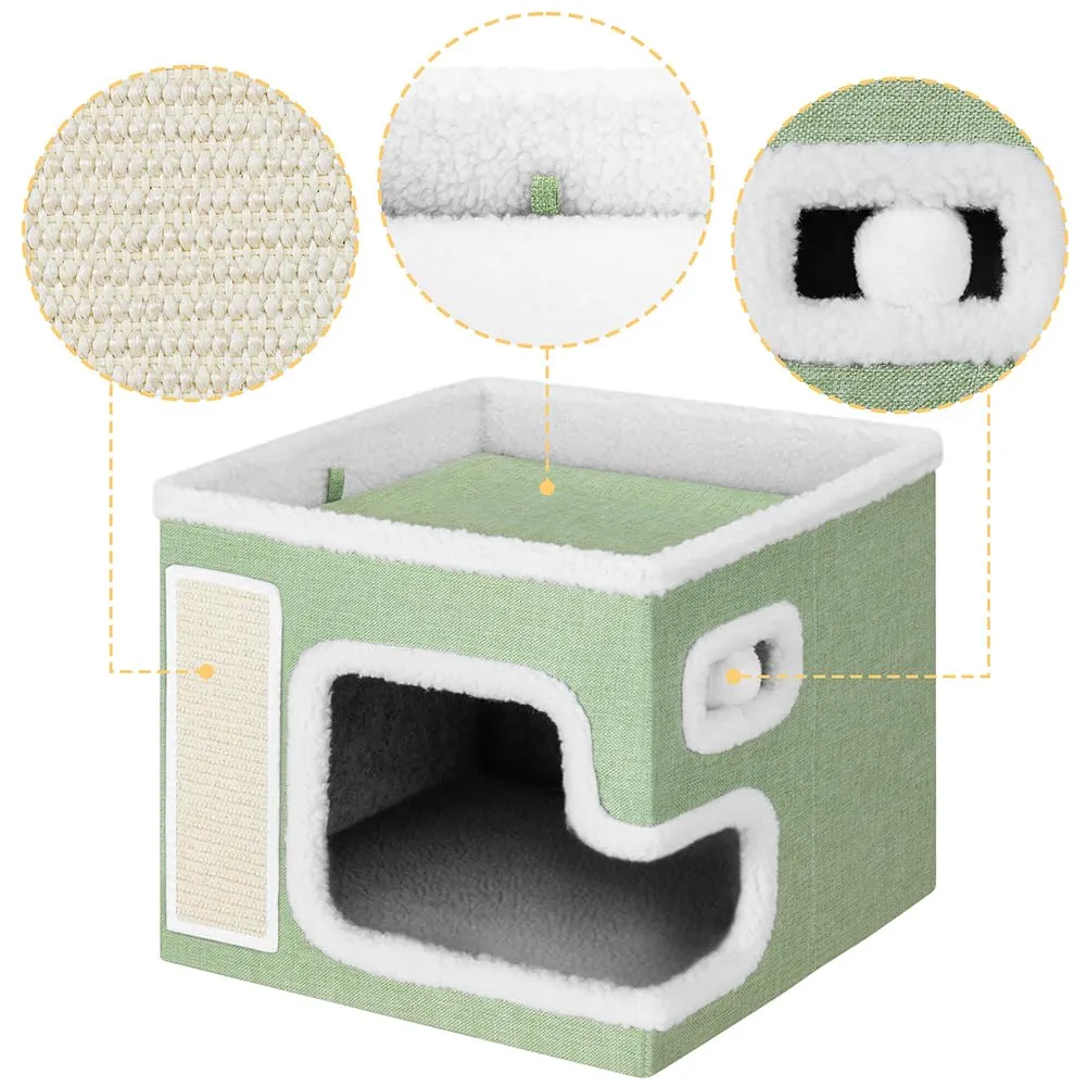 BAKAJI Cuccia per Gatti pieghevole con Grande Ingresso, Casetta Rifugio per Animali Domestici, Tiragraffi in Poliestere Caldo e Imbottito, Cuccetta Graffiatoio Base Antiscivolo 42x42x33 cm (Verde) - immagine 5