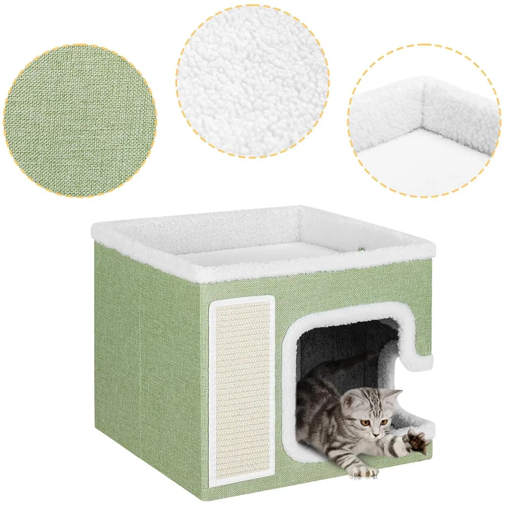 BAKAJI Cuccia per Gatti pieghevole con Grande Ingresso, Casetta Rifugio per Animali Domestici, Tiragraffi in Poliestere Caldo e Imbottito, Cuccetta Graffiatoio Base Antiscivolo 42x42x33 cm (Verde) - immagine 7