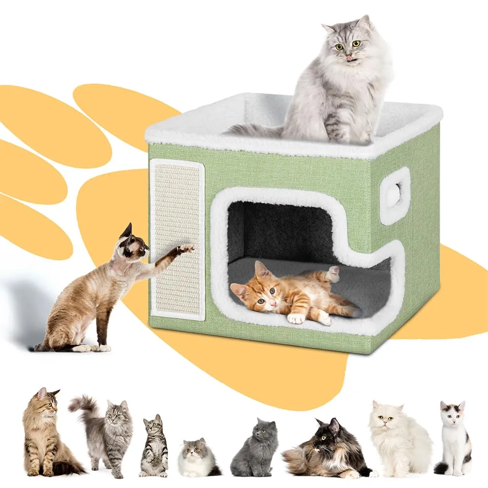 BAKAJI Cuccia per Gatti pieghevole con Grande Ingresso, Casetta Rifugio per Animali Domestici, Tiragraffi in Poliestere Caldo e Imbottito, Cuccetta Graffiatoio Base Antiscivolo 42x42x33 cm (Verde) - immagine 8