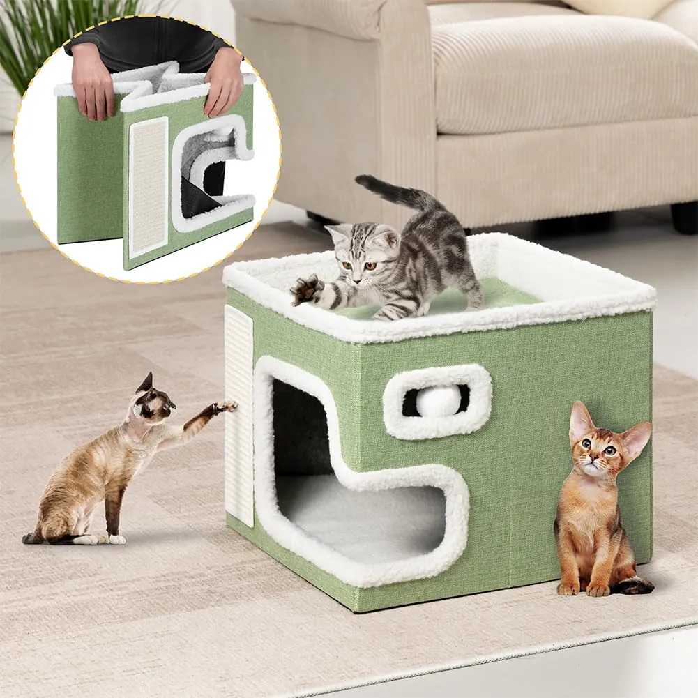 BAKAJI Cuccia per Gatti pieghevole con Grande Ingresso, Casetta Rifugio per Animali Domestici, Tiragraffi in Poliestere Caldo e Imbottito, Cuccetta Graffiatoio Base Antiscivolo 42x42x33 cm (Verde) - immagine 9