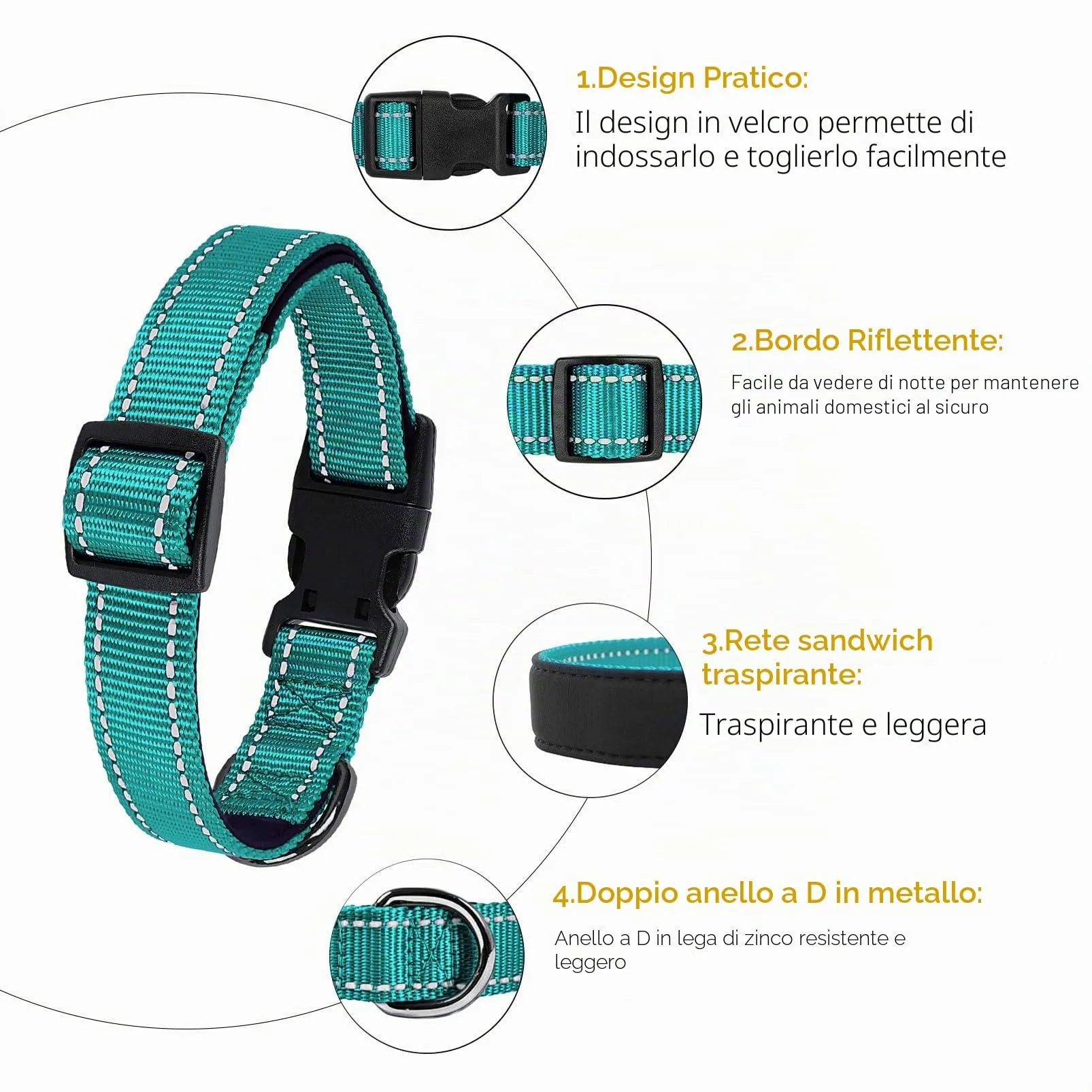HEELE Collare per Cani, Collare Cane Riflettente Imbottito Nylon Regolabile Traspirante Collari per Cani di Taglia Media, Turchese, M(34-52cm) - immagine 2