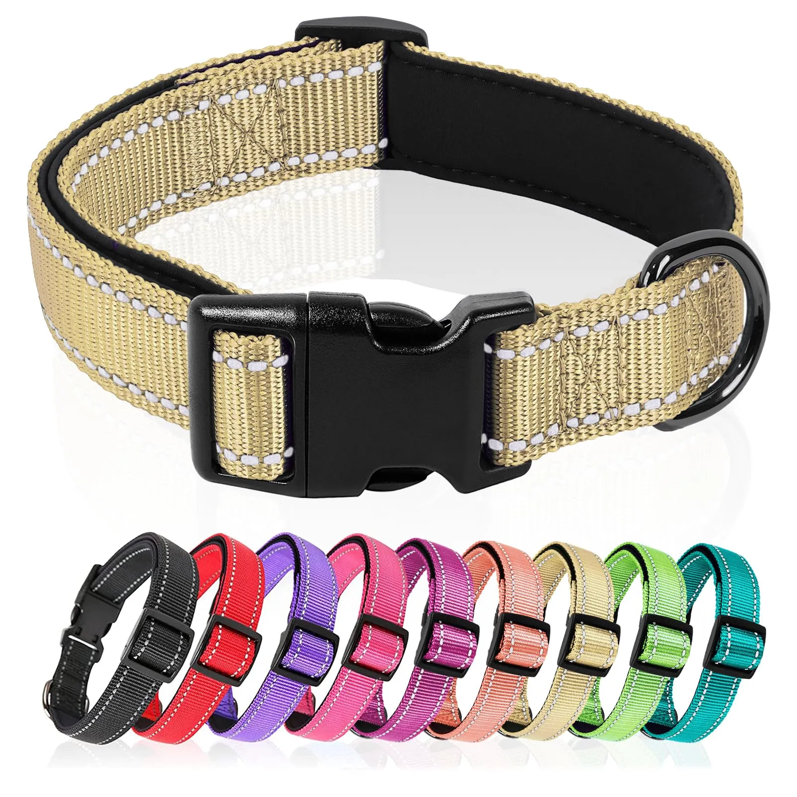 HEELE Collare per Cani, Collare Cane Riflettente Imbottito Nylon Regolabile Traspirante Collari per Cani, Cachi Chiaro, XS(20-30cm) - immagine 1