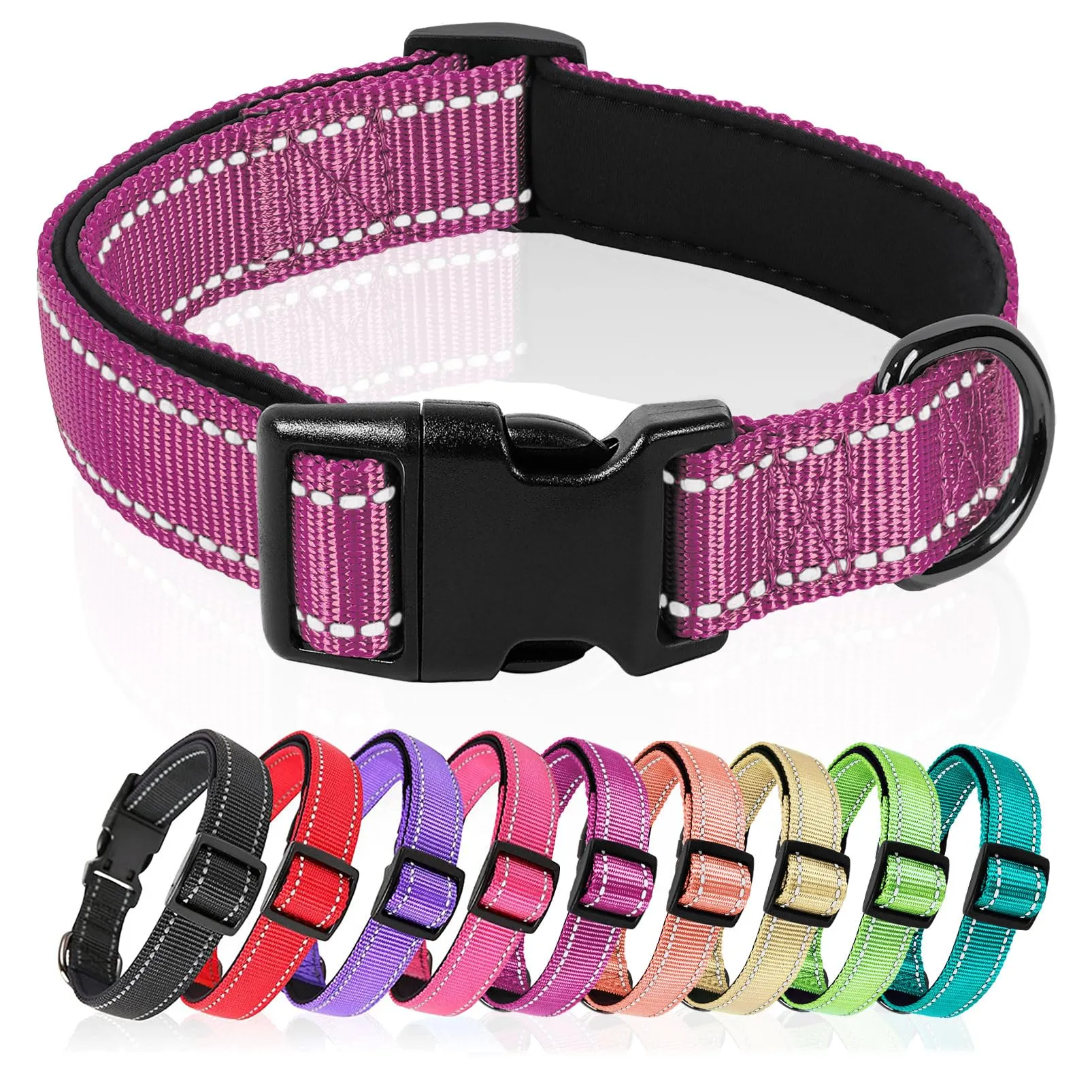 HEELE Collare per Cani, Collare Cane Riflettente Imbottito Nylon Regolabile Traspirante Collari per Cani di Taglia Grande, Magenta, L(44-66cm) - immagine 1