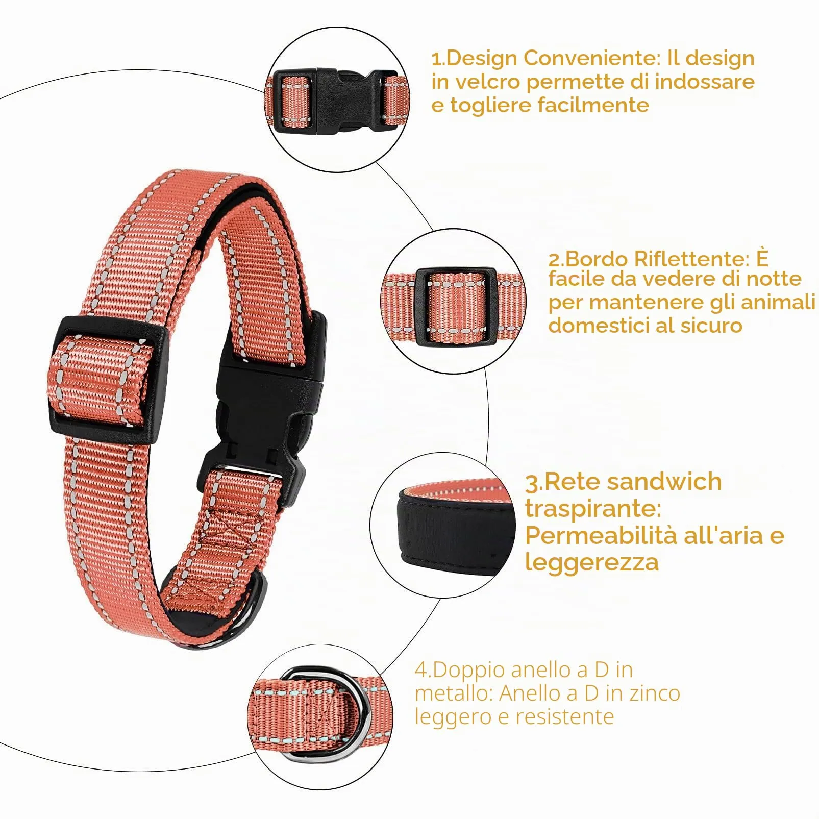 HEELE Collare per Cani, Collare Cane Riflettente Imbottito Nylon Regolabile Traspirante Collari per Cani, Corallo, S(26-38cm) - immagine 2