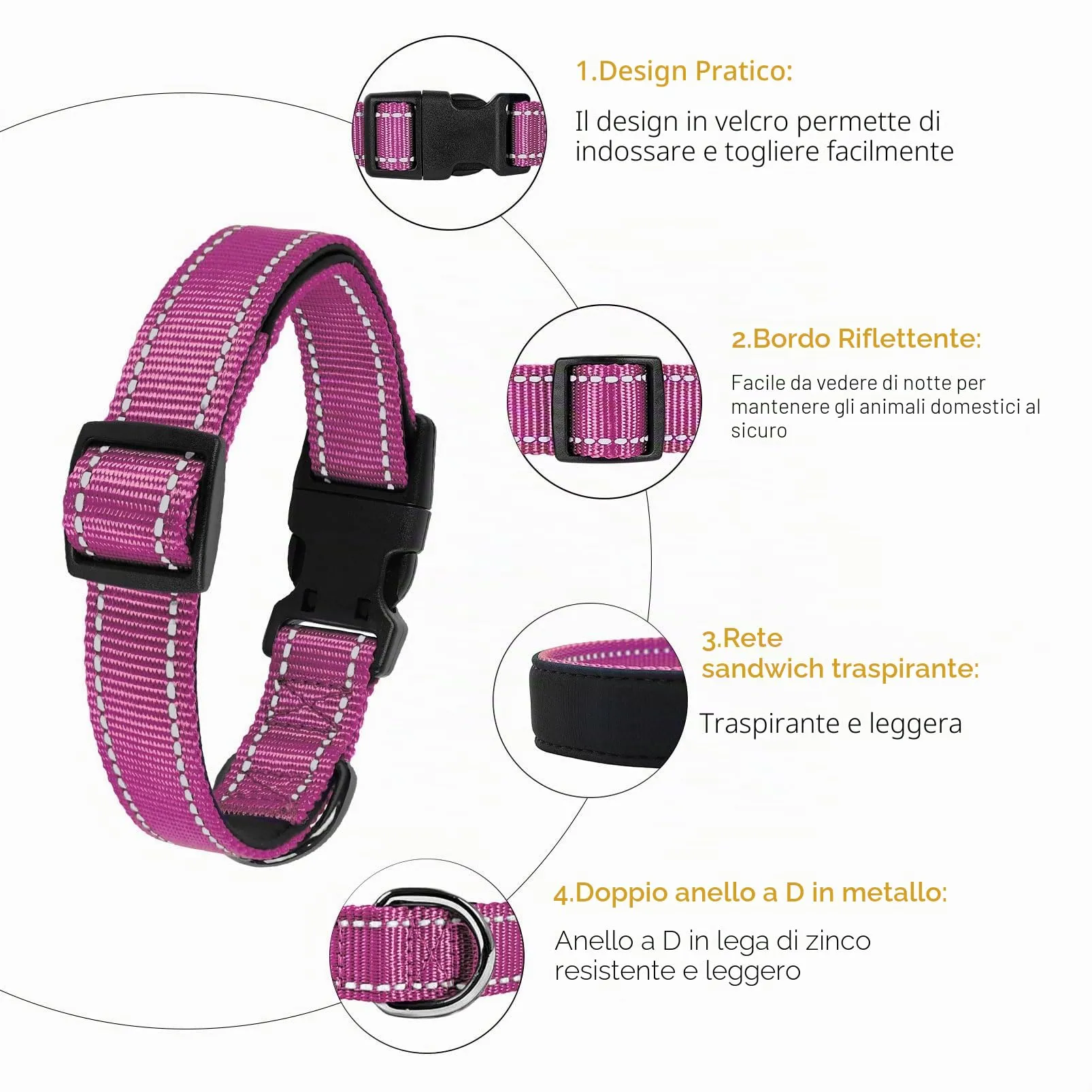 HEELE Collare per Cani, Collare Cane Riflettente Imbottito Nylon Regolabile Traspirante Collari per Cani, Magenta, XS(20-30cm) - immagine 2