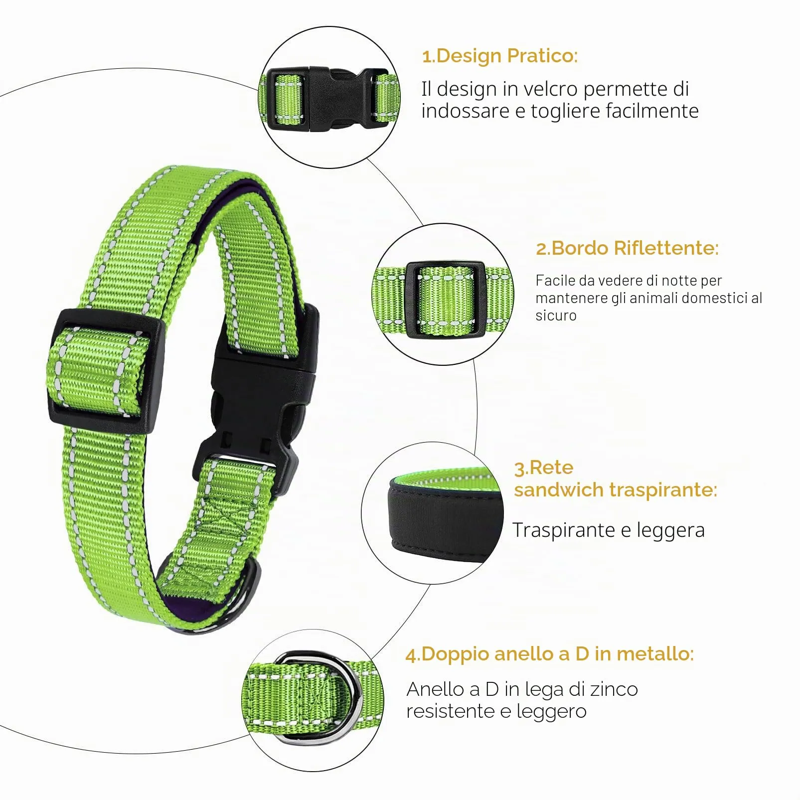HEELE Collare per Cani, Collare Cane Riflettente Imbottito Nylon Regolabile Traspirante Collari per Cani di Taglia Media, Erba Verde, M(34-52cm) - immagine 2