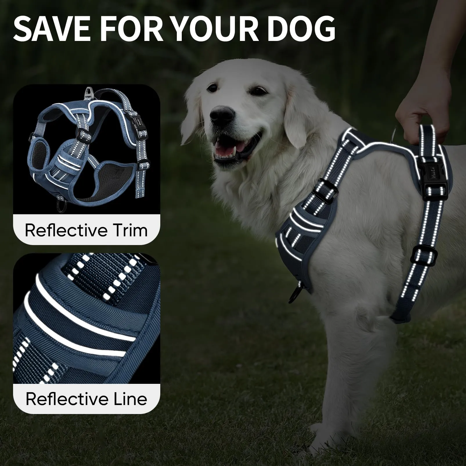 HEELE Pettorina Cane con Motivo Stampato, Riflettente Pettorina Addestramento Cani Anti Tiro con 2 Ganci in Metallo + Comodo Maniglia, Gilet per Cani Regolabile per Camminare, Blu Reale, XL - immagine 4