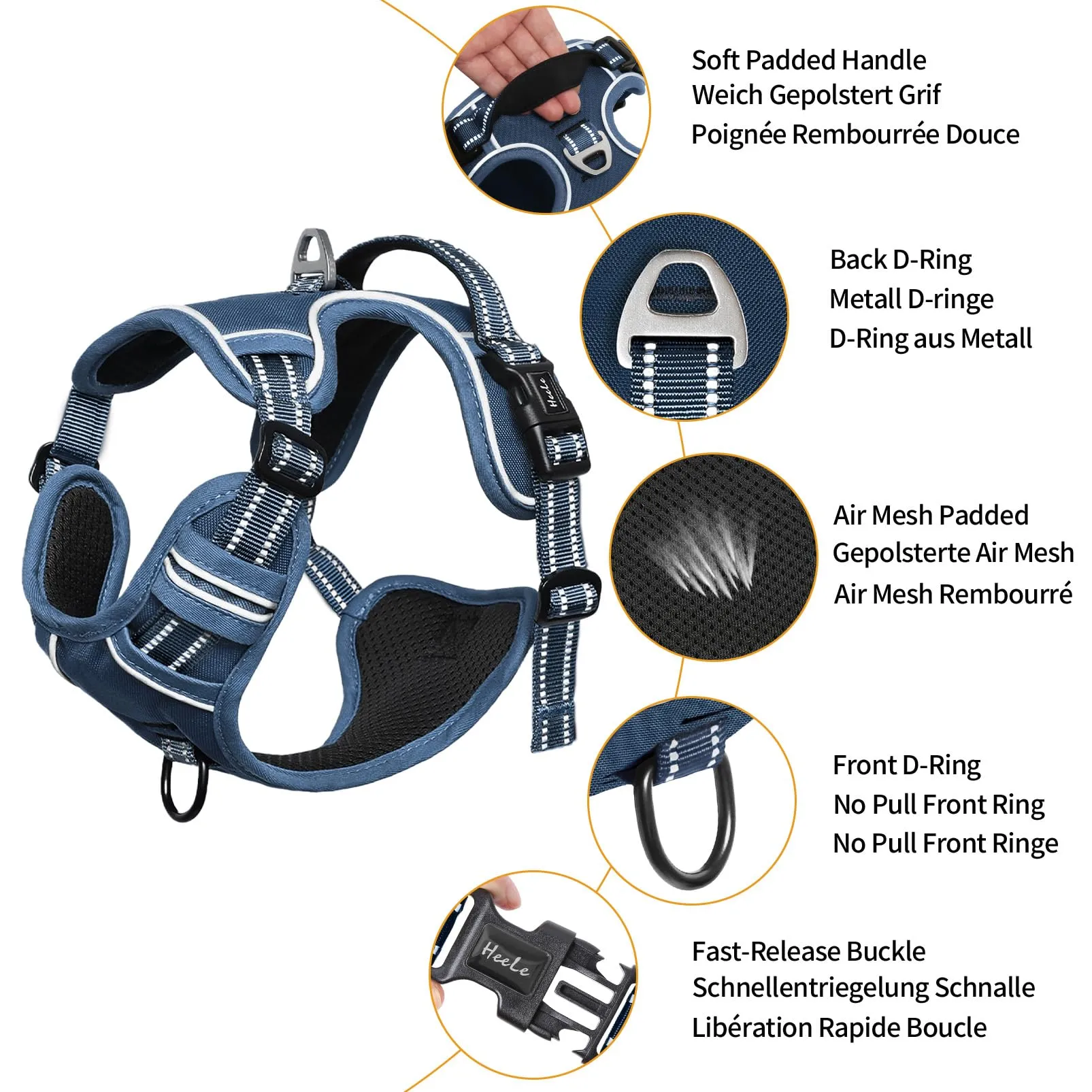 HEELE Pettorina Cane con Motivo Stampato, Riflettente Pettorina Addestramento Cani Anti Tiro con 2 Ganci in Metallo + Comodo Maniglia, Gilet per Cani Regolabile per Camminare, Blu Reale, S - immagine 5