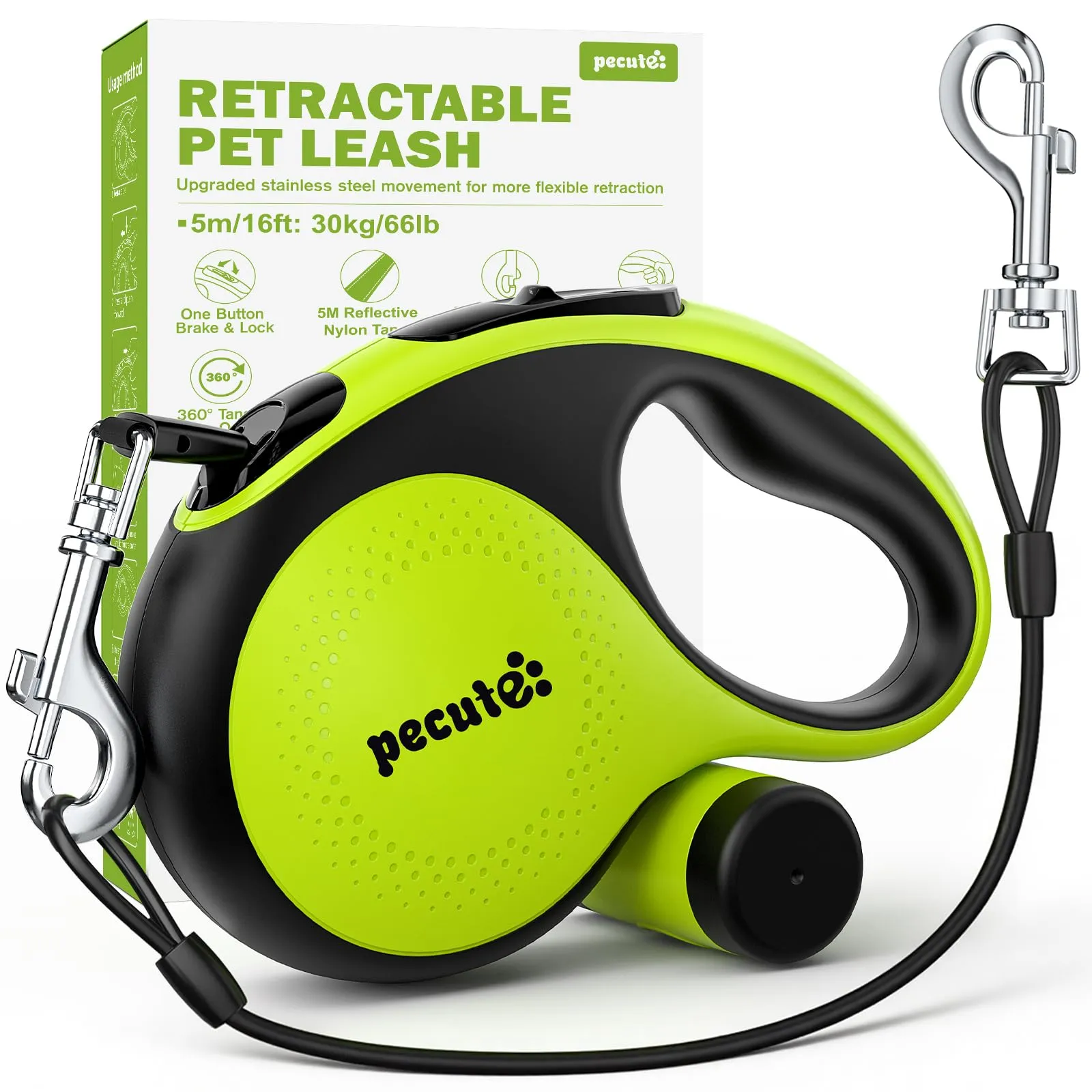 Pecute Guinzaglio per Cani Allungabile 5m (fino a 30kg), con Corda Anti-morso 46cm, 360° Anti-Tangle, Freno Rapido, Impugnatura Antiscivolo, con Sacchetti Igienici e Porta Sacchetti,Verde - immagine 1