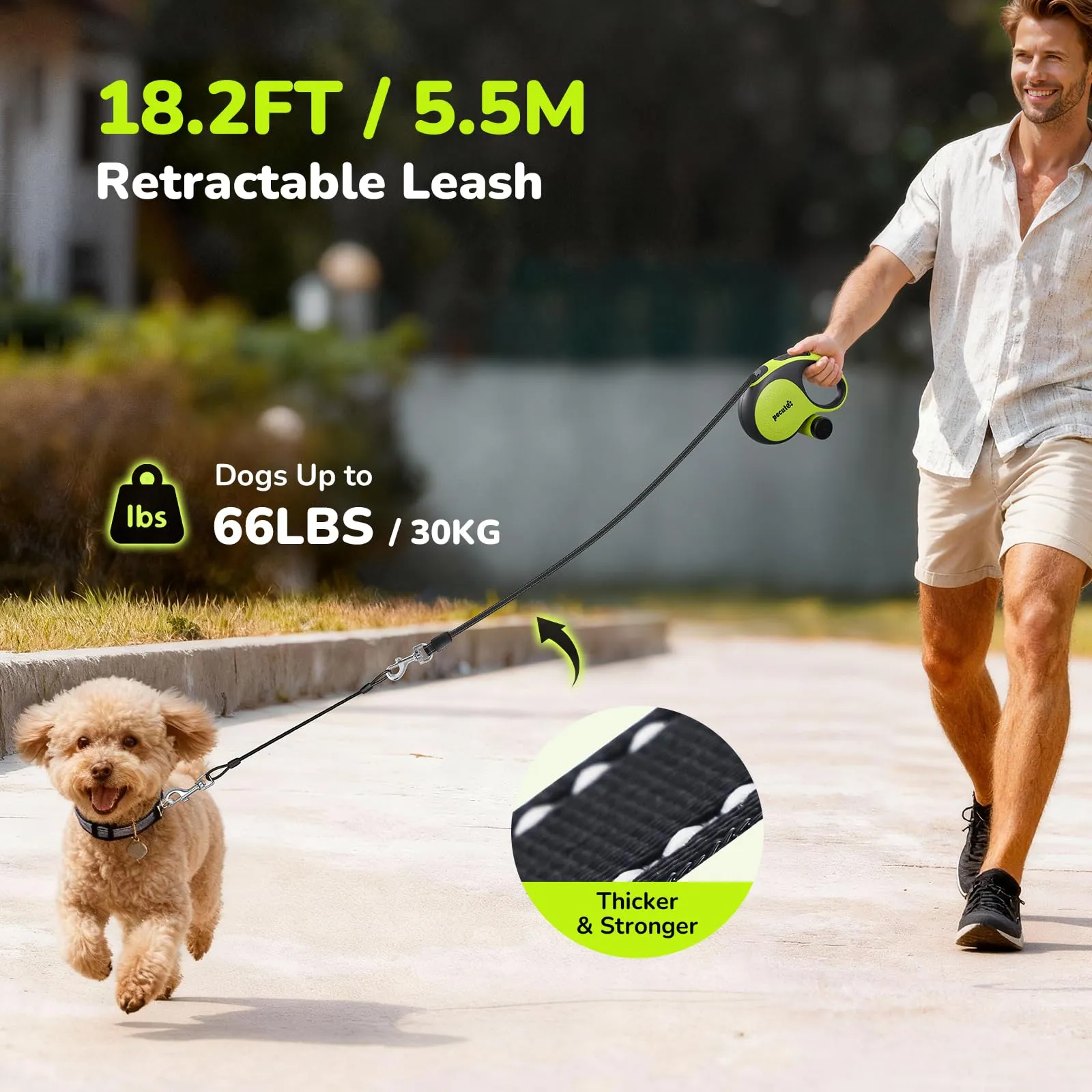 Pecute Guinzaglio per Cani Allungabile 5m (fino a 30kg), con Corda Anti-morso 46cm, 360° Anti-Tangle, Freno Rapido, Impugnatura Antiscivolo, con Sacchetti Igienici e Porta Sacchetti,Verde - immagine 2