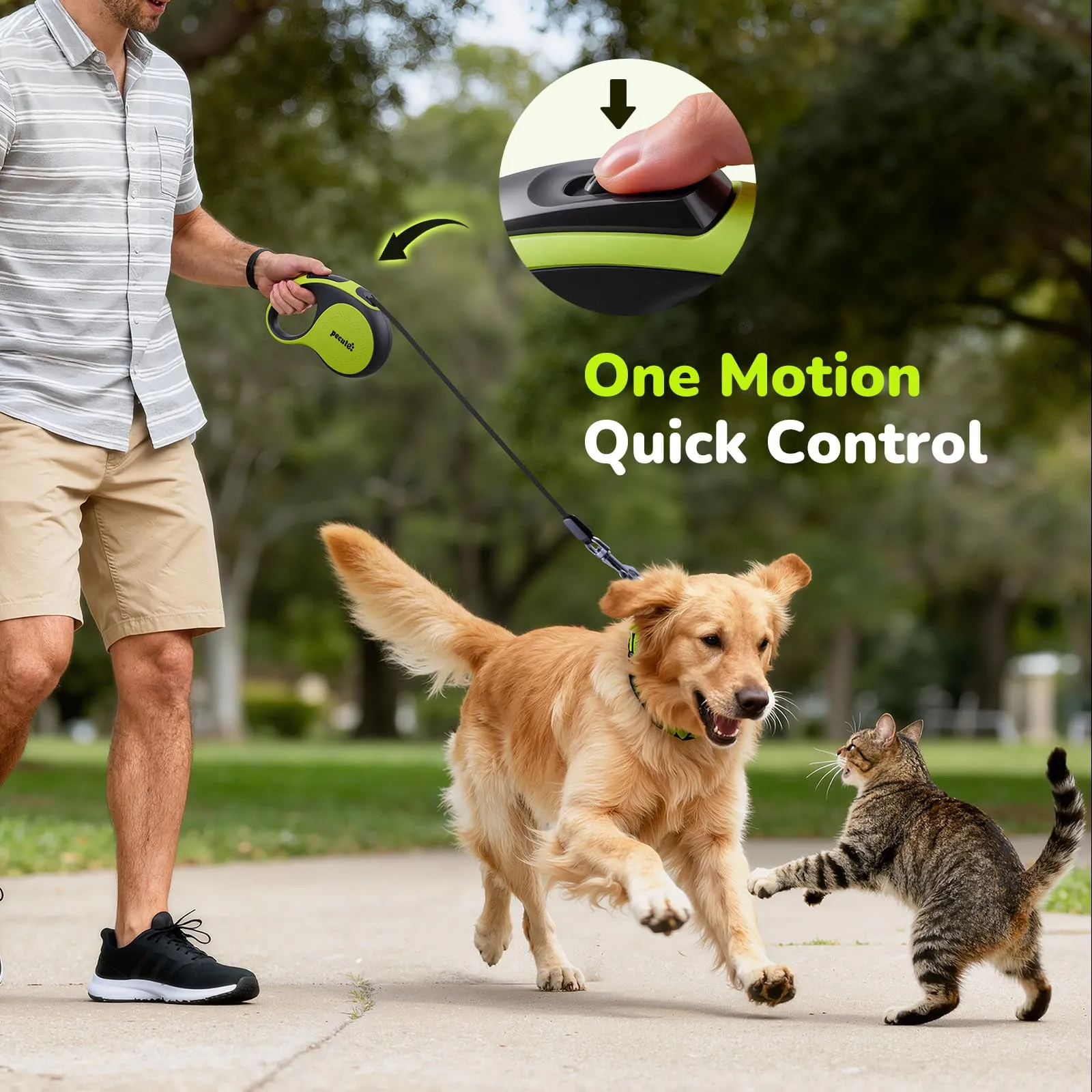 Pecute Guinzaglio per Cani Allungabile 5m (fino a 30kg), con Corda Anti-morso 46cm, 360° Anti-Tangle, Freno Rapido, Impugnatura Antiscivolo, con Sacchetti Igienici e Porta Sacchetti,Verde - immagine 4