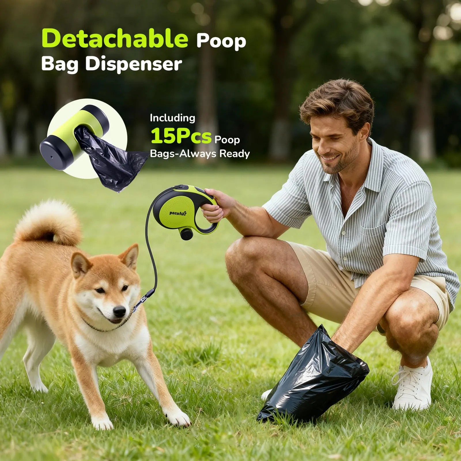 Pecute Guinzaglio per Cani Allungabile 5m (fino a 30kg), con Corda Anti-morso 46cm, 360° Anti-Tangle, Freno Rapido, Impugnatura Antiscivolo, con Sacchetti Igienici e Porta Sacchetti,Verde - immagine 8