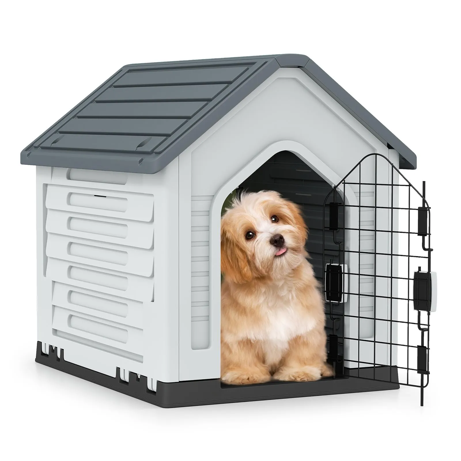 COSTWAY Cuccia per Cani da Esterno ed Interno con Porta Bloccabile, Grigio - immagine 1