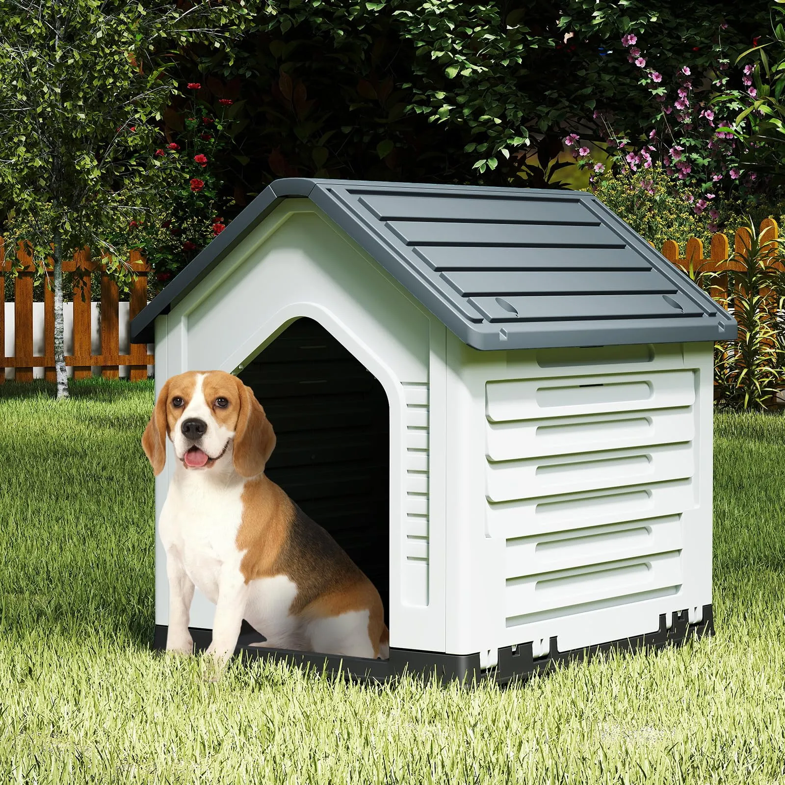 COSTWAY Cuccia per Cani da Esterno ed Interno con Porta Bloccabile, Grigio - immagine 2