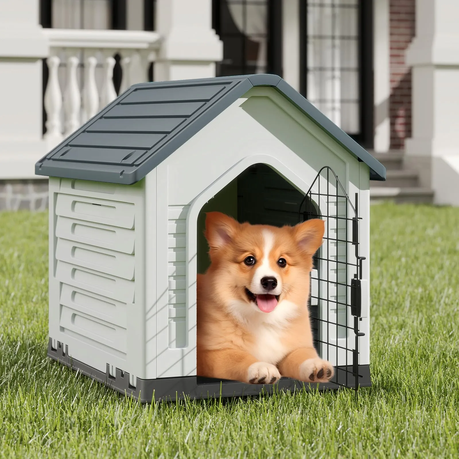 COSTWAY Cuccia per Cani da Esterno ed Interno con Porta Bloccabile, Grigio - immagine 8