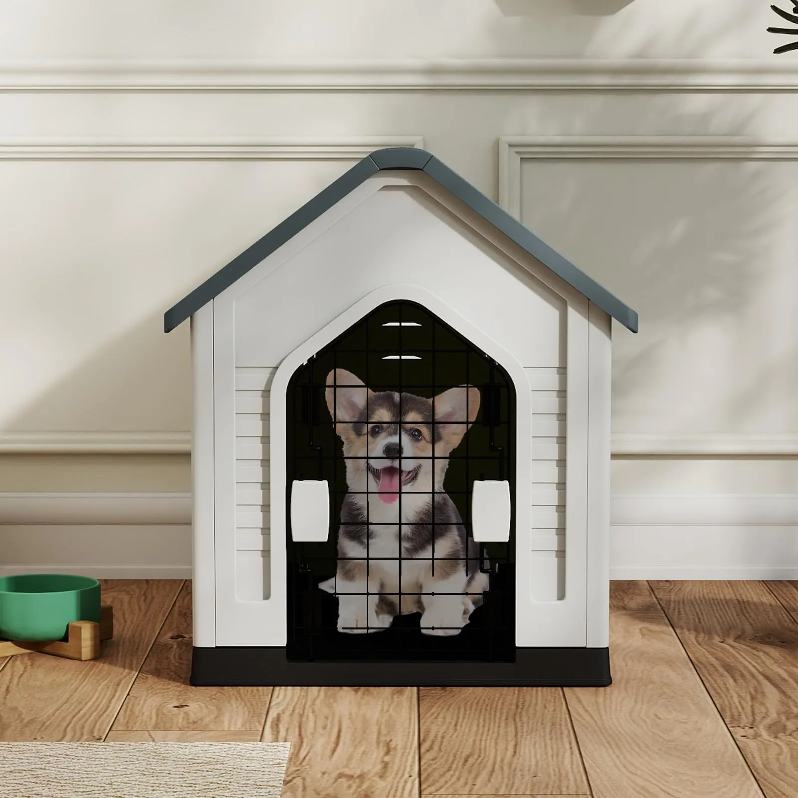 COSTWAY Cuccia per Cani da Esterno ed Interno con Porta Bloccabile, Grigio - immagine 9