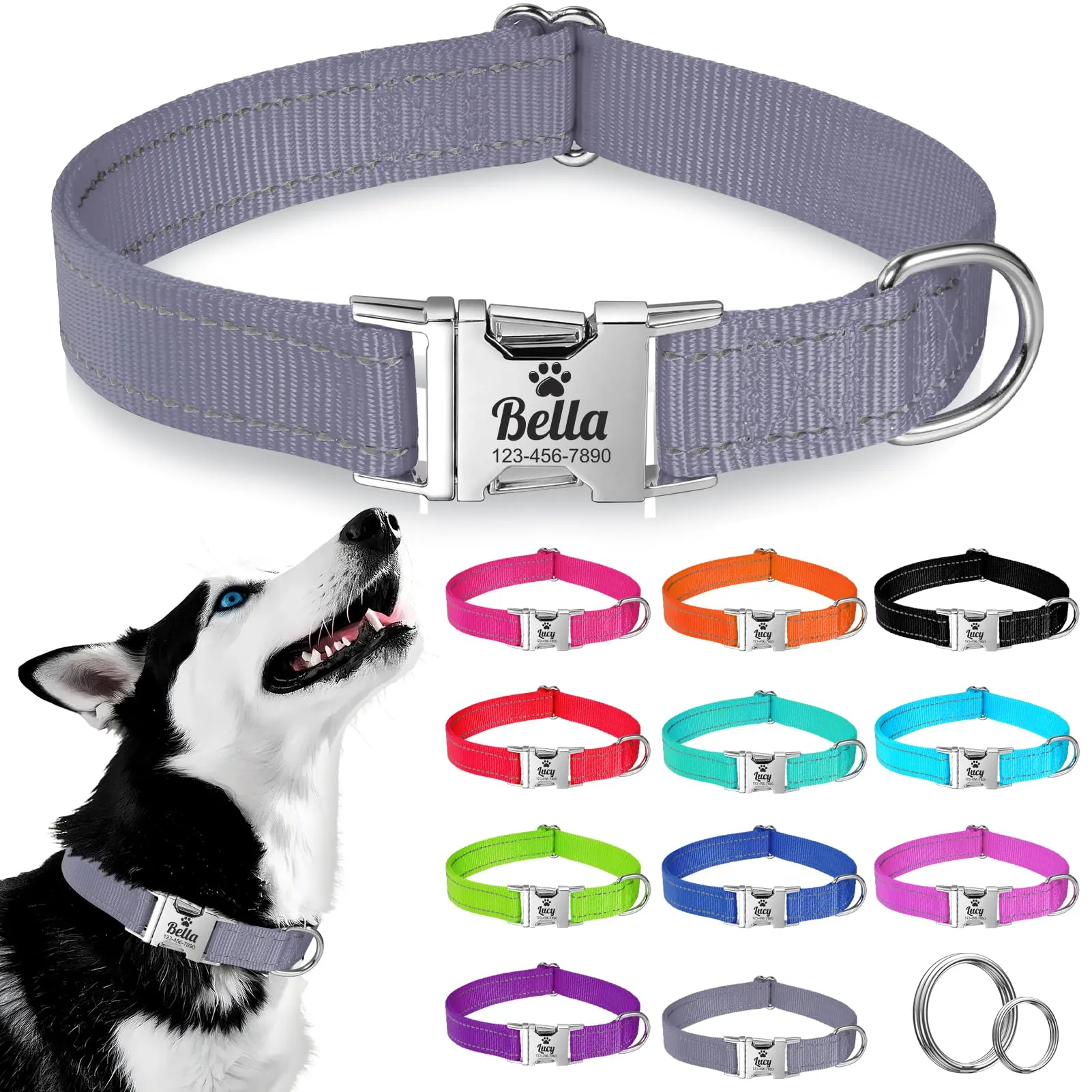Collare Cane Personalizzato - Riflettente, Regolabile per Taglia Piccola/Media/Grande, Collare Gatto Con Nome E Numero di Telefono inciso, Adatto a cani e gatti - immagine 1