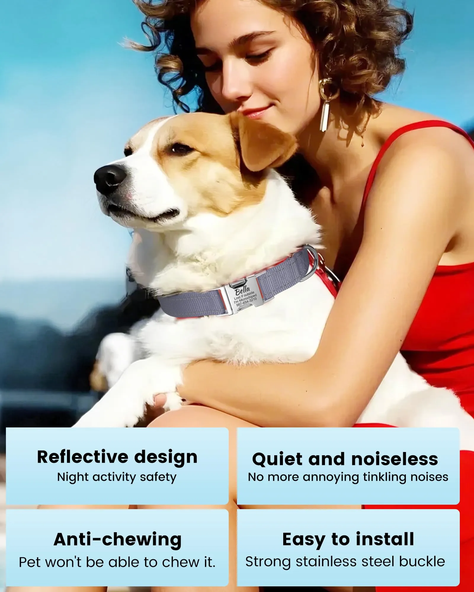 Collare Cane Personalizzato - Riflettente, Regolabile per Taglia Piccola/Media/Grande, Collare Gatto Con Nome E Numero di Telefono inciso, Adatto a cani e gatti - immagine 2