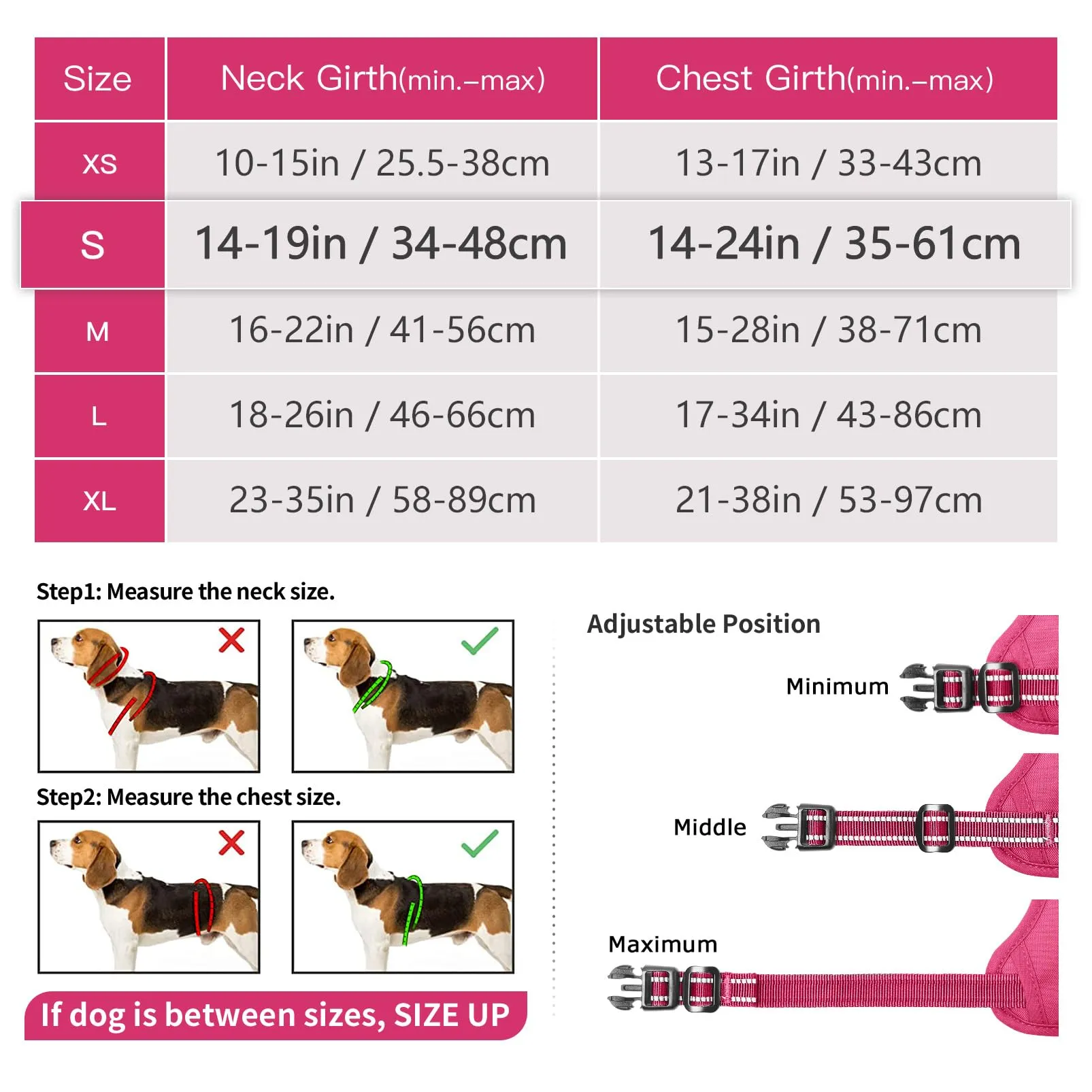 HEELE Pettorina Cane Taglia Piccola Riflettente Pettorina Addestramento Cani Anti Tiro con 2 Ganci in Metallo + Comodo Maniglia, Gilet per Cani Regolabile per Camminare, Rosa Rifiniture Abbinate, S - immagine 7
