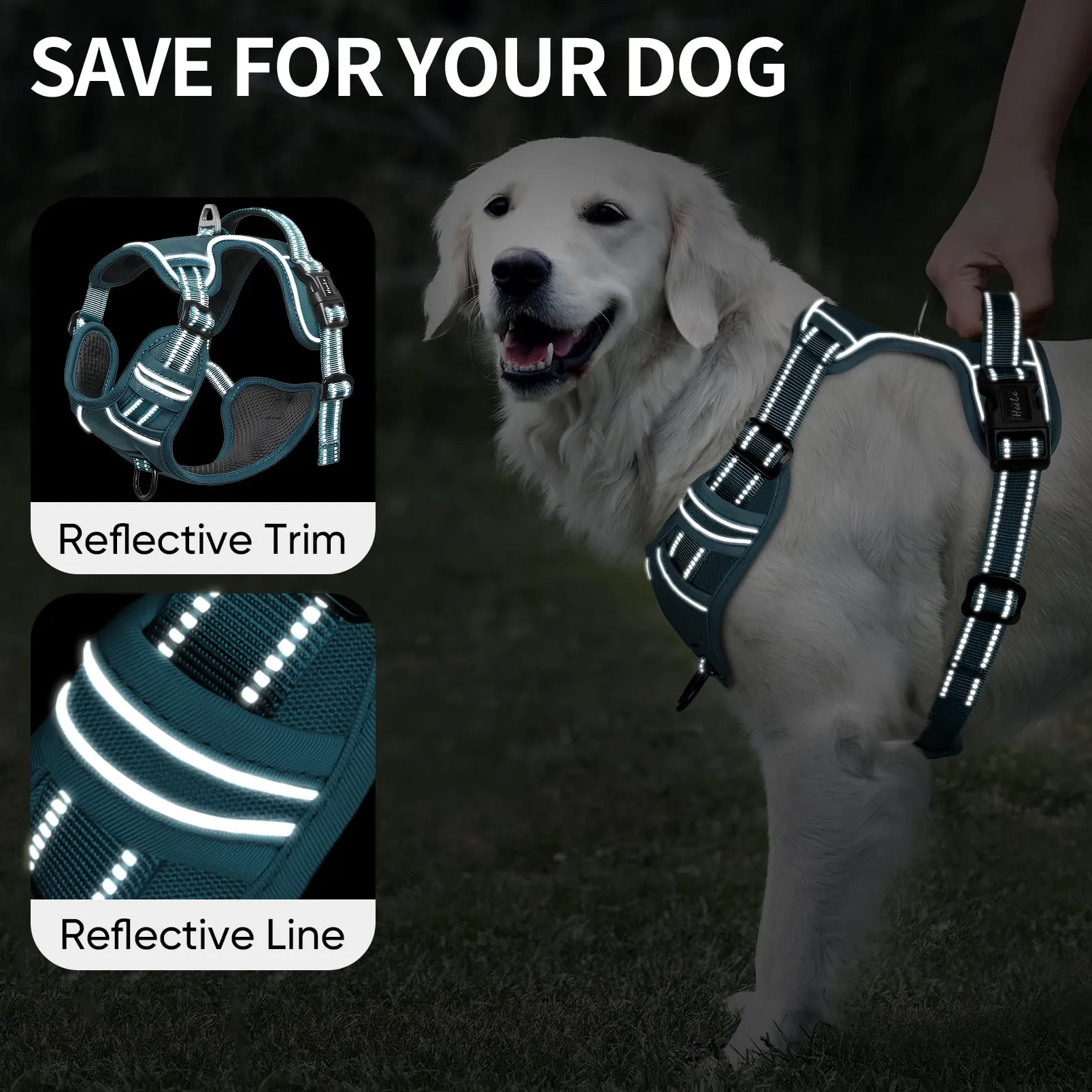 HEELE Pettorina Cane Taglia Media Riflettente Pettorina Addestramento Cani Anti Tiro con 2 Ganci in Metallo + Comodo Maniglia, Gilet per Cani Regolabile per Camminare, Verde Nerastro, M - immagine 3