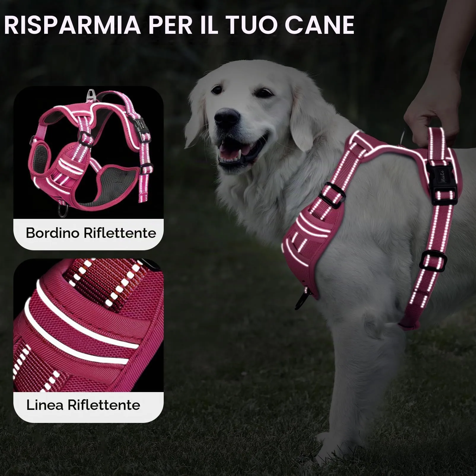 HEELE Pettorina Cane Taglia Media Riflettente Pettorina Addestramento Cani Anti Tiro con 2 Ganci in Metallo + Comodo Maniglia, Gilet per Cani Regolabile per Camminare, Rosa Rifiniture Abbinate, M - immagine 3