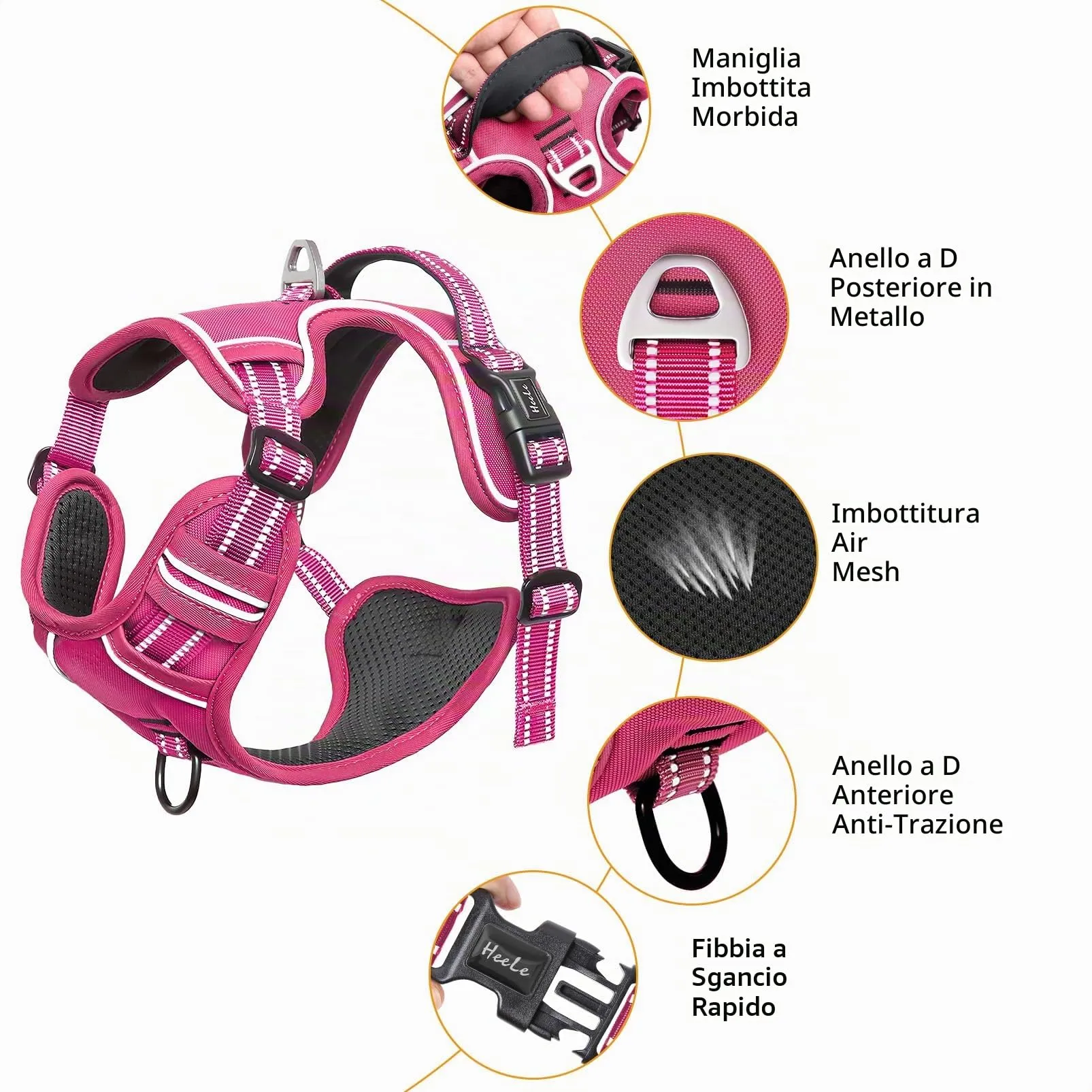 HEELE Pettorina Cane Taglia Media Riflettente Pettorina Addestramento Cani Anti Tiro con 2 Ganci in Metallo + Comodo Maniglia, Gilet per Cani Regolabile per Camminare, Rosa Rifiniture Abbinate, M - immagine 4