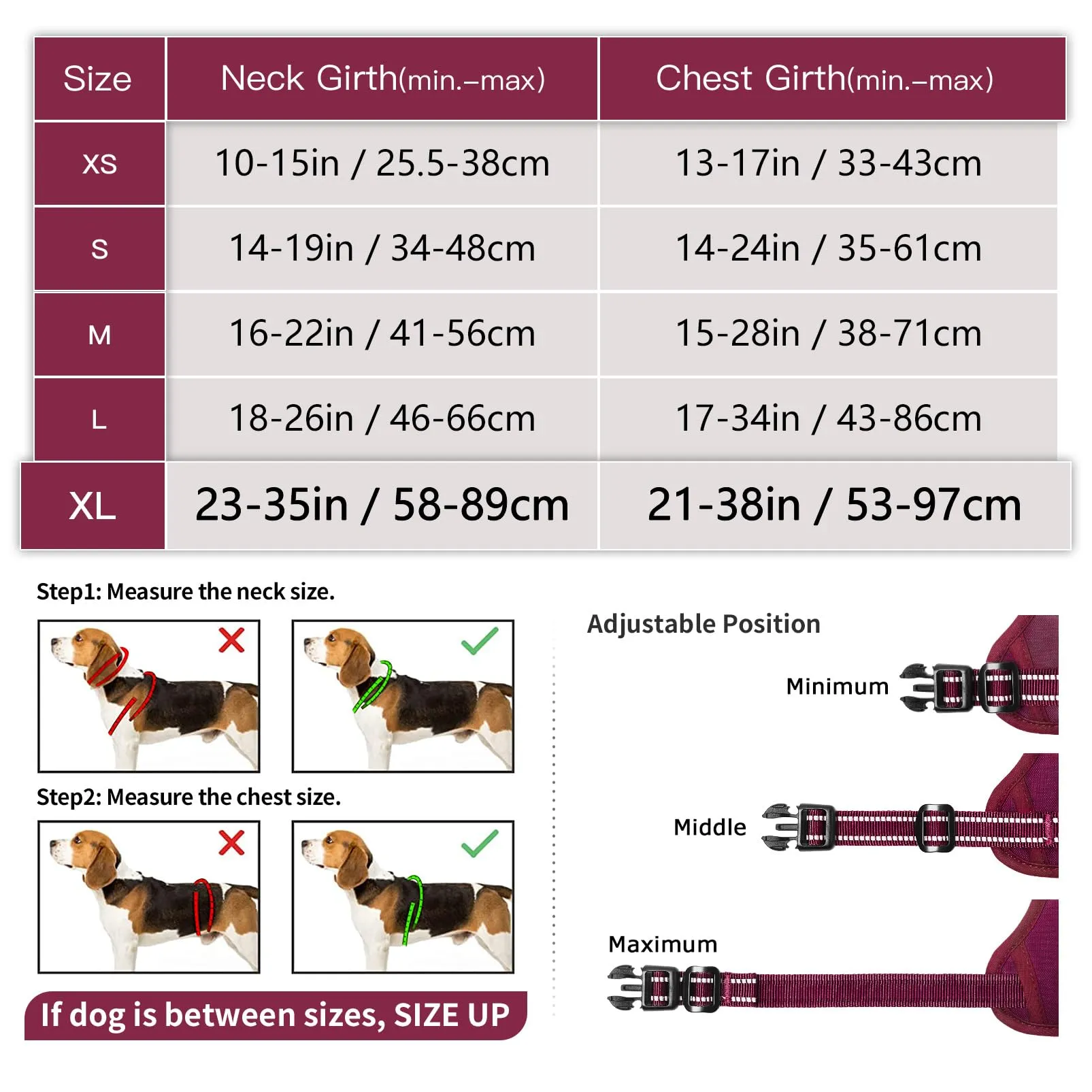 HEELE Pettorina Cane Taglia Grande Riflettente Pettorina Addestramento Cani Anti Tiro con 2 Ganci in Metallo + Comodo Maniglia, Gilet per Cani Regolabile per Camminare, Rosso Borgogna, XL - immagine 7