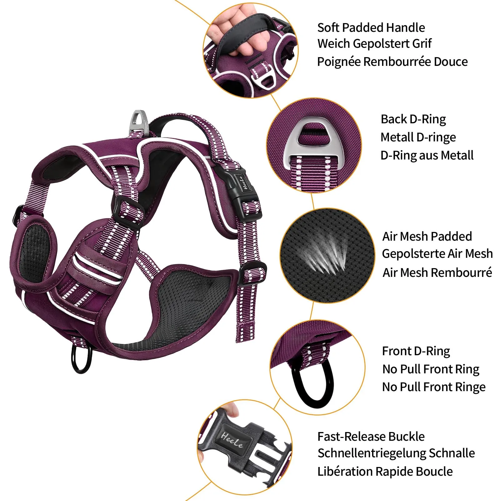 HEELE Pettorina Cane Riflettente Pettorina Addestramento Cani Anti Tiro con 2 Ganci in Metallo Comodo Maniglia, Gilet per Cani Regolabile per Camminare, Viola Rifiniture Abbinate, XL - immagine 4