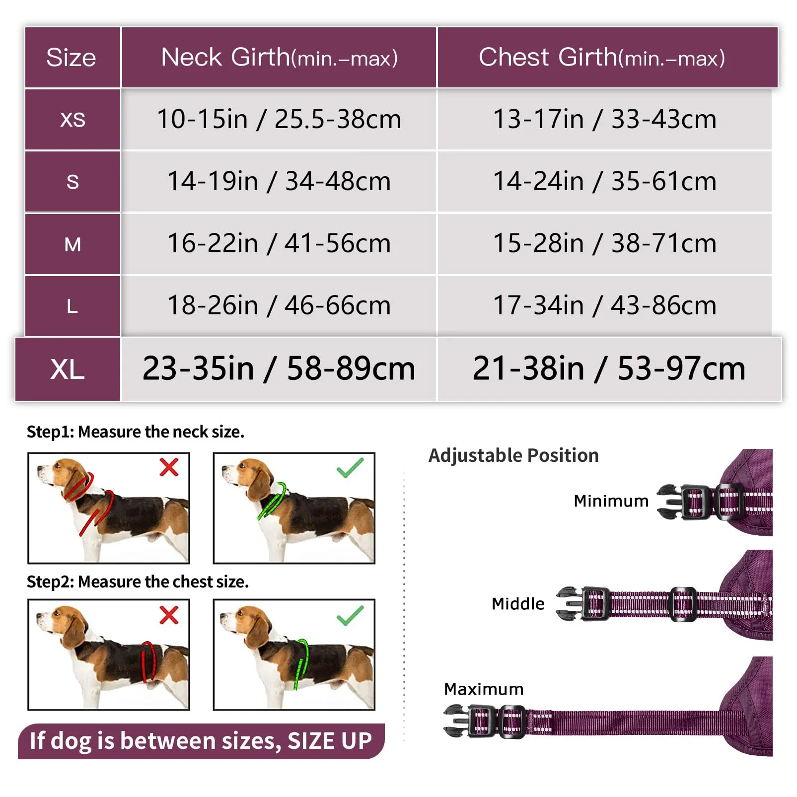HEELE Pettorina Cane Riflettente Pettorina Addestramento Cani Anti Tiro con 2 Ganci in Metallo Comodo Maniglia, Gilet per Cani Regolabile per Camminare, Viola Rifiniture Abbinate, XL - immagine 7