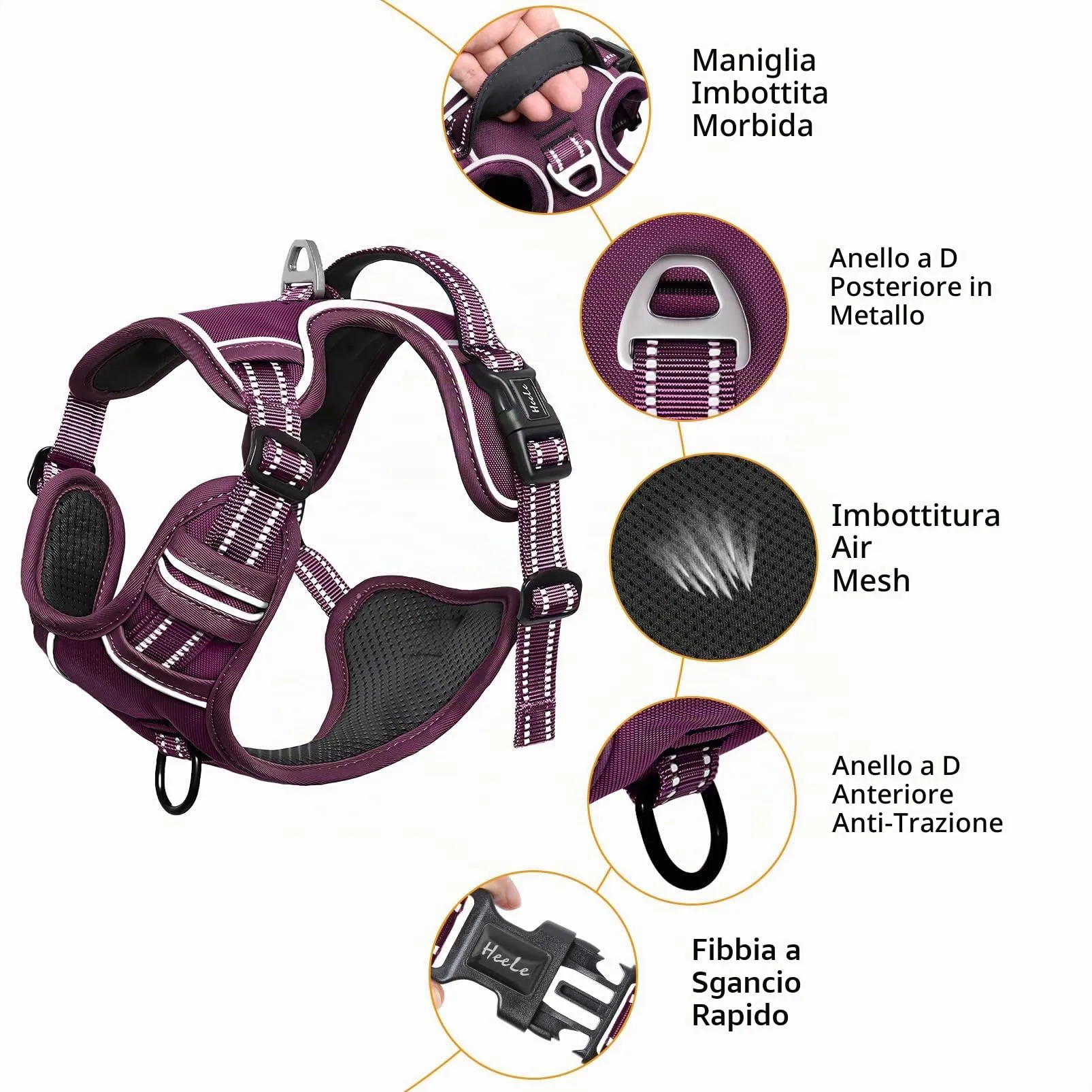HEELE Pettorina Cane Taglia Media Riflettente Pettorina Addestramento Cani Anti Tiro con 2 Ganci in Metallo + Comodo Maniglia, Gilet per Cani Regolabile per Camminare, Viola Rifiniture Abbinate, M - immagine 4