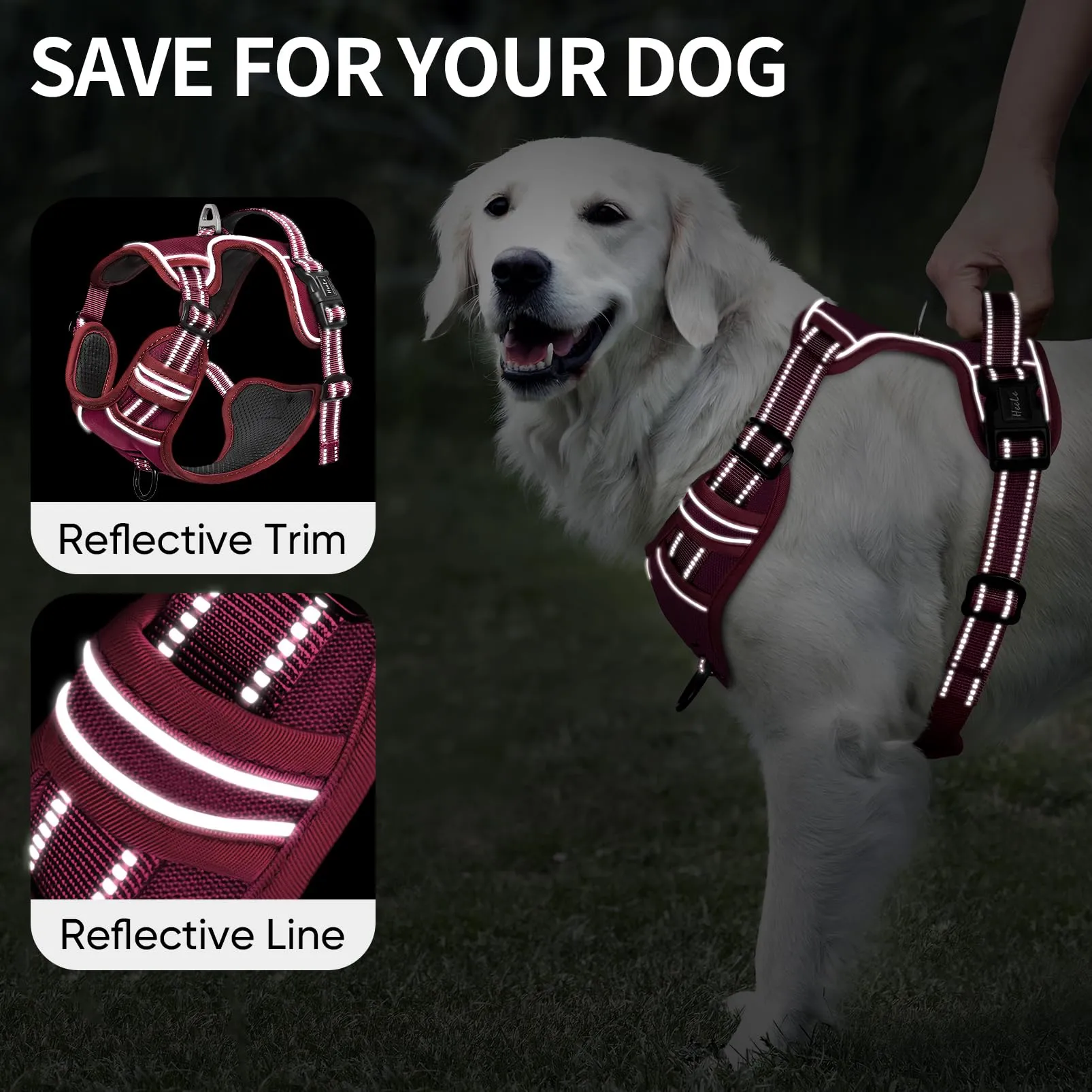 HEELE Pettorina Cane Taglia Piccola Riflettente Pettorina Addestramento Cani Anti Tiro con 2 Ganci in Metallo Comodo Maniglia, Gilet per Cani Regolabile per Camminare, Rosso Borgogna, S - immagine 3