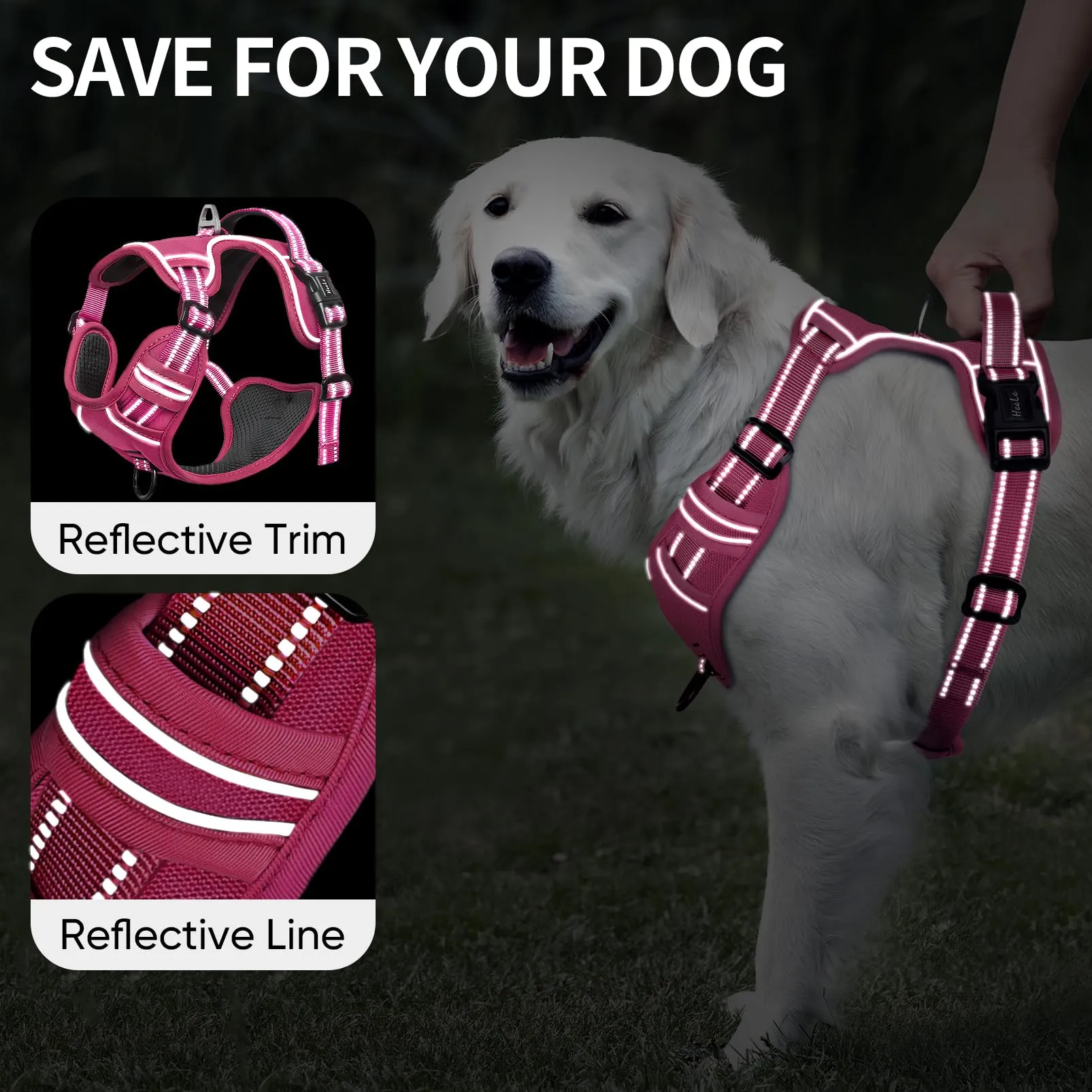 HEELE Pettorina Cane Riflettente Pettorina Addestramento Cani No Pull con 2 Ganci in Metallo + Comodo Maniglia, Gilet per Cani Regolabile per Camminare, Rosa Rifiniture Abbinate, L - immagine 3