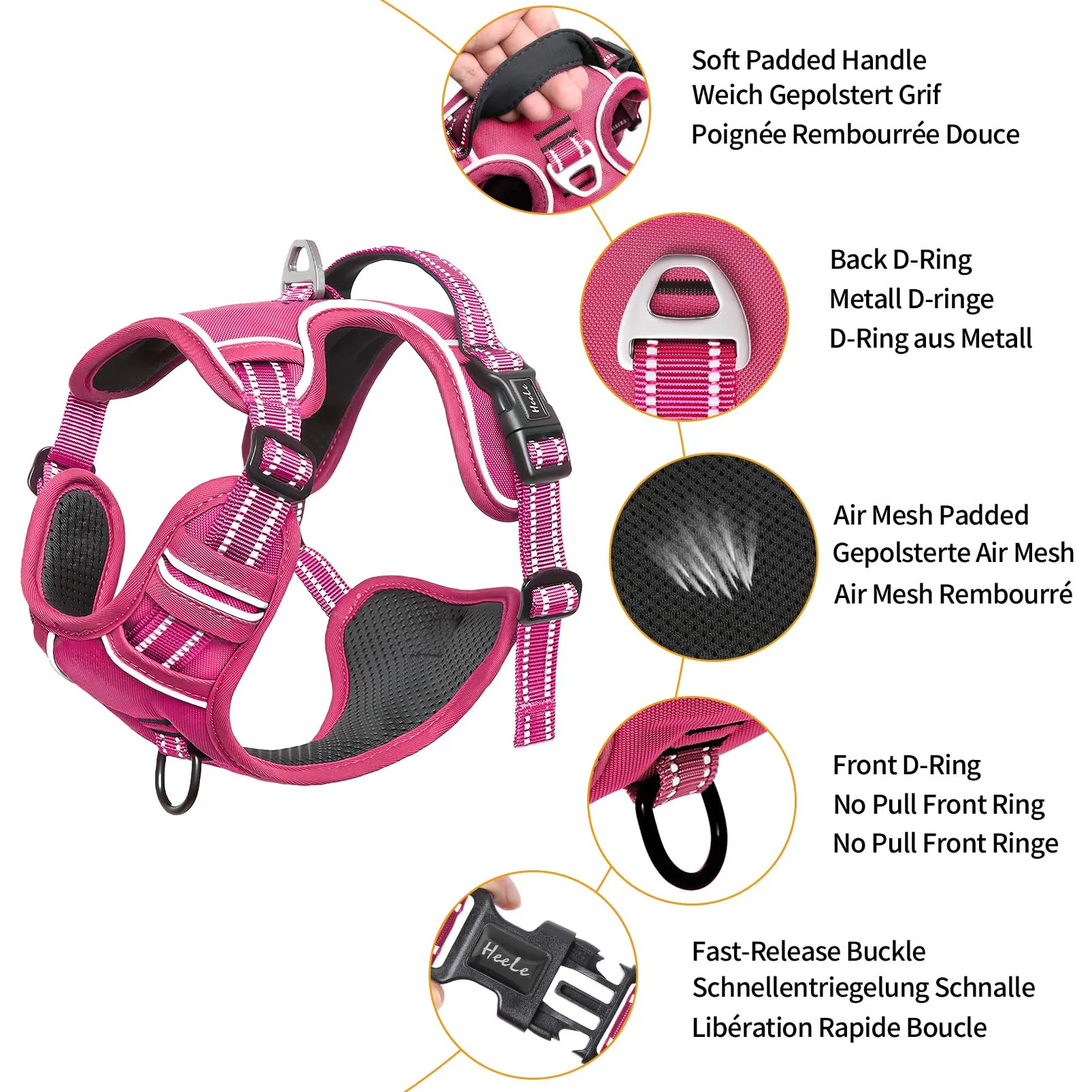 HEELE Pettorina Cane Riflettente Pettorina Addestramento Cani Anti Tiro con 2 Ganci in Metallo + Comodo Maniglia, Gilet per Cani Regolabile per Camminare, Rosa Rifiniture Abbinate, XL - immagine 4