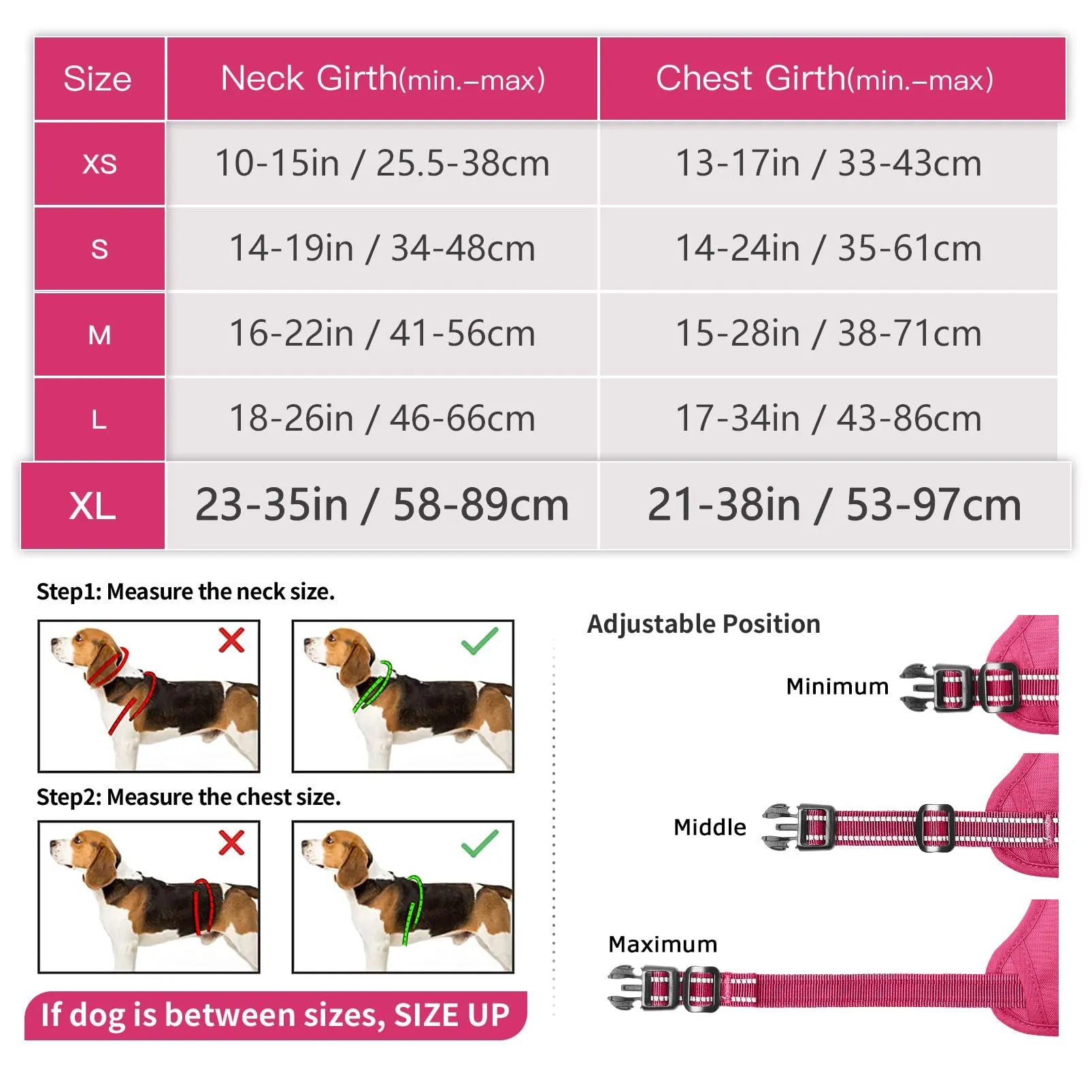 HEELE Pettorina Cane Riflettente Pettorina Addestramento Cani Anti Tiro con 2 Ganci in Metallo + Comodo Maniglia, Gilet per Cani Regolabile per Camminare, Rosa Rifiniture Abbinate, XL - immagine 7