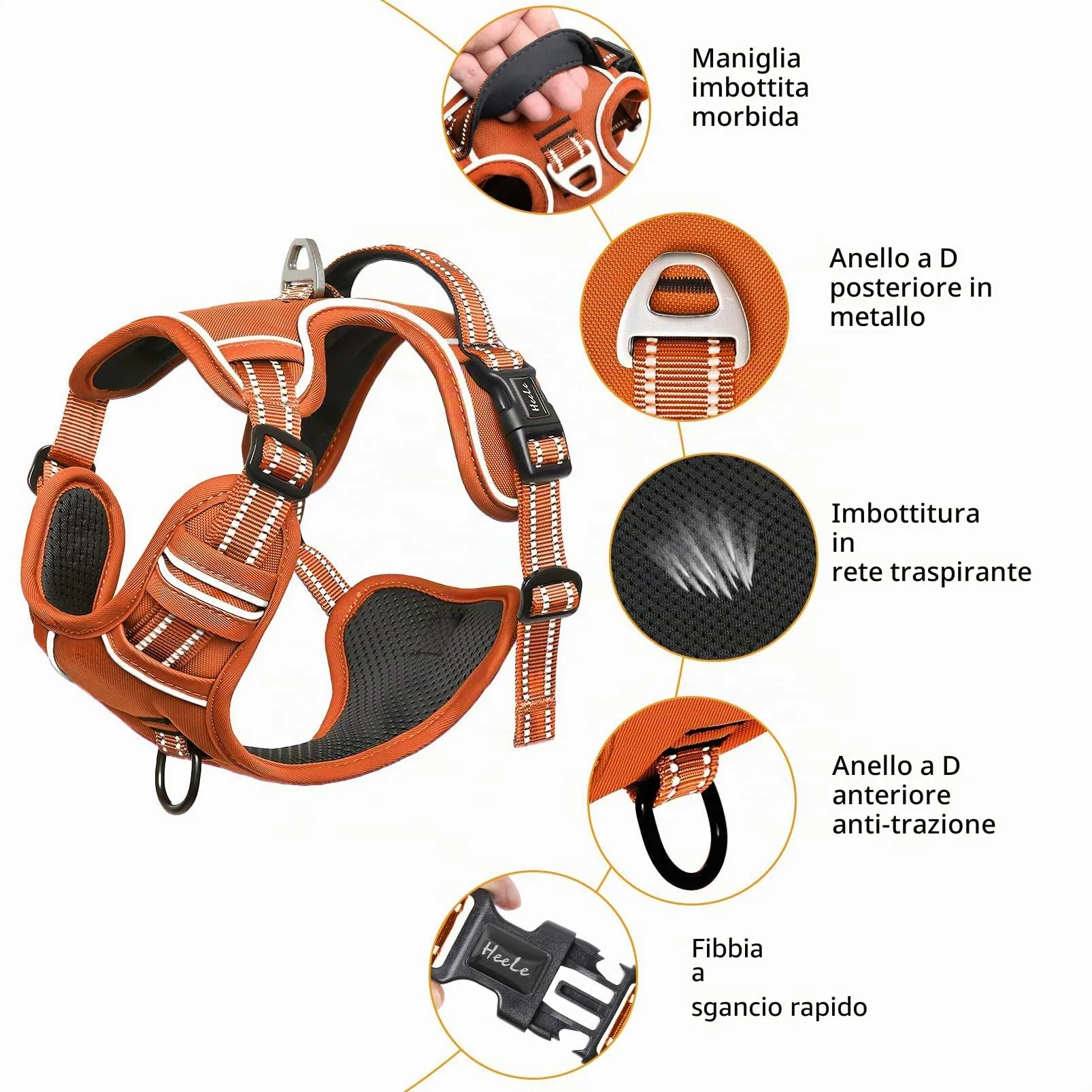 HEELE Pettorina Cane Taglia Media Riflettente Pettorina Addestramento Cani Anti Tiro con 2 Ganci in Metallo + Comodo Maniglia, Gilet per Cani Regolabile per Camminare, Zucca Arancione, M - immagine 4