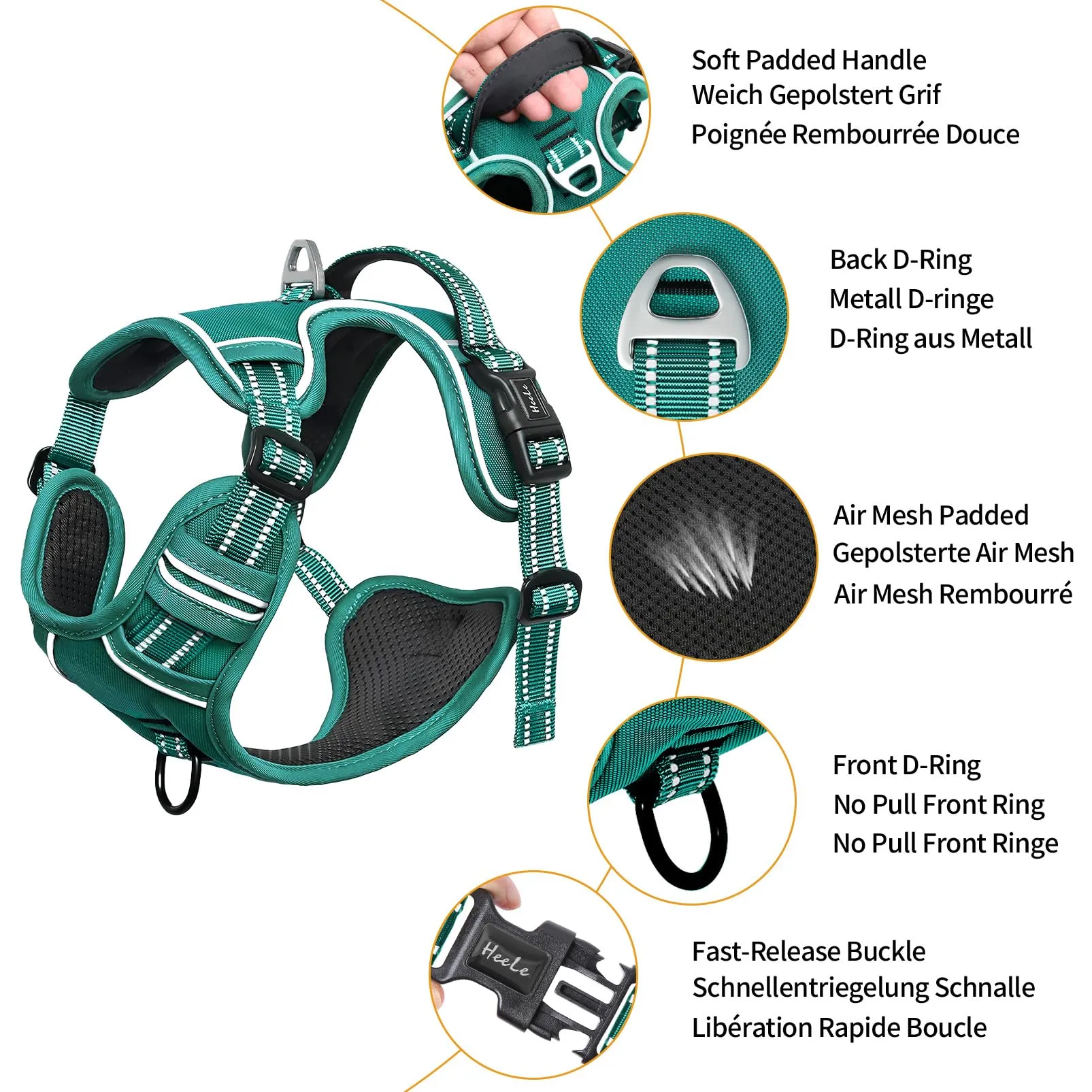 HEELE Pettorina Cane Taglia Media e Grande Riflettente Pettorina Addestramento Cani No Pull con 2 Ganci in Metallo + Comodo Maniglia, Gilet per Cani Regolabile per Camminare, Verde Erba, L - immagine 4