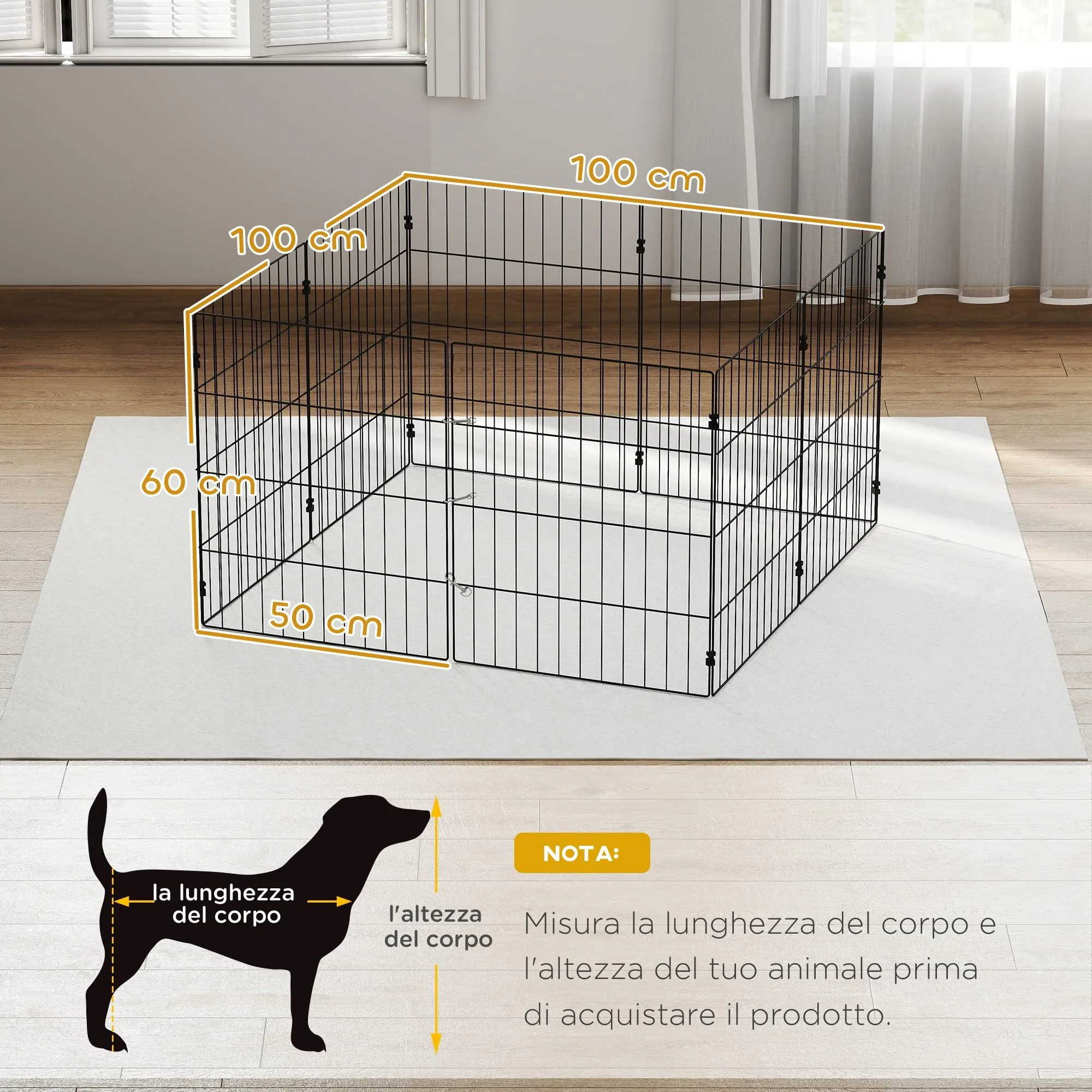 PawHut Recinto per Cani Pieghevole in Metallo 8 Pannelli 50 x 60 cm Nero - immagine 7