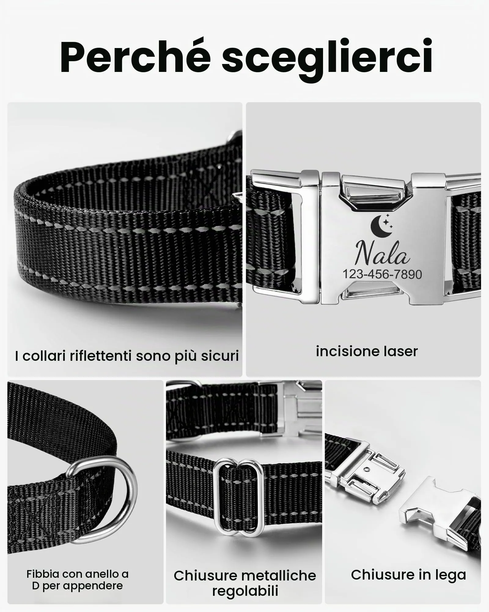 Collare personalizzato per cani - Regolabile e riflettente, in nylon resistente con incisione laser del nome, indirizzo e numero di telefono, adatto a cani e gatti di taglia piccola, media e grande - immagine 4