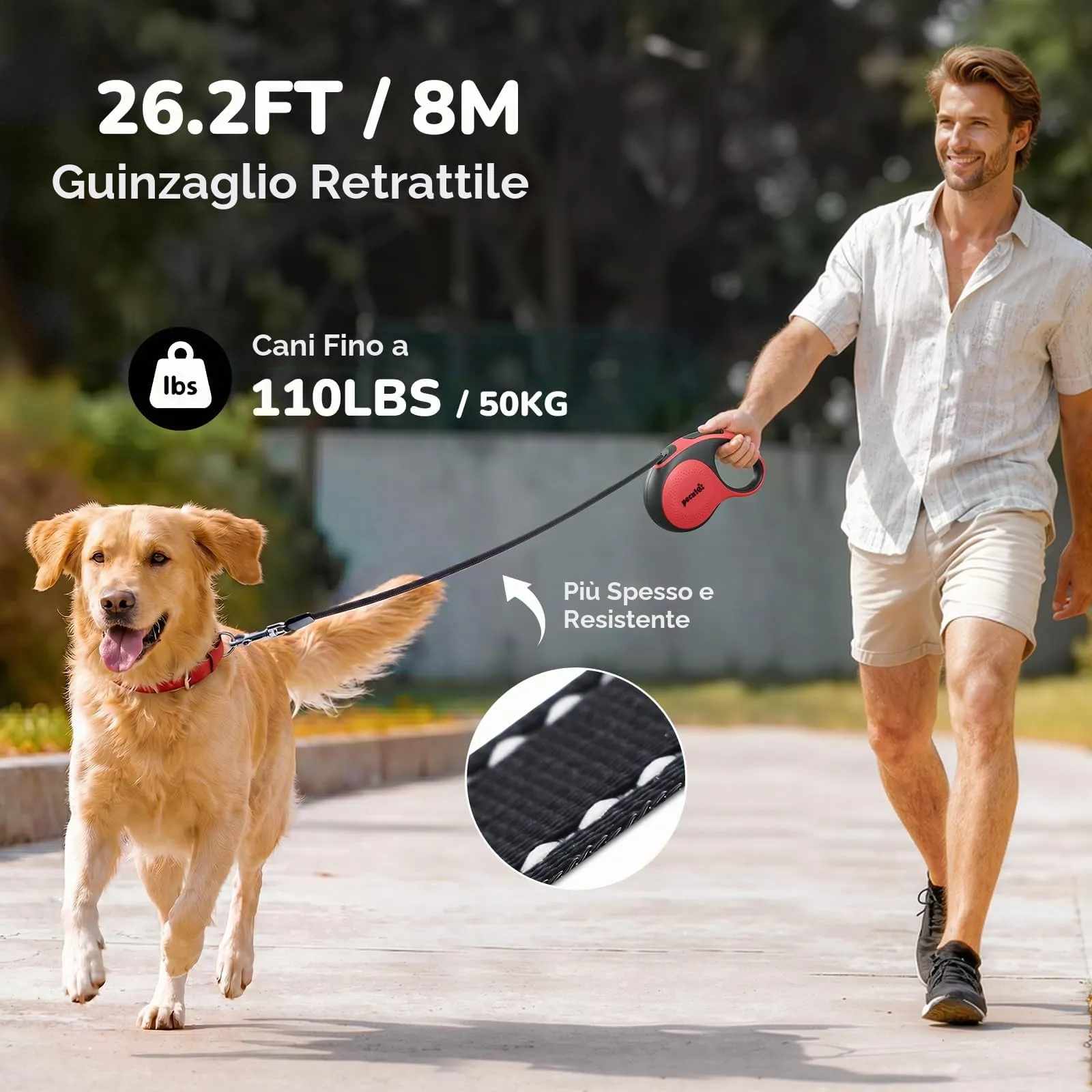 Pecute Guinzaglio per Cani Allungabile 8m (fino a 50kg), 360° Anti-Tangle, Freno Rapido e Impugnatura Antiscivolo, con Sacchetti Igienici e Porta Sacchetti,Rosso - immagine 2