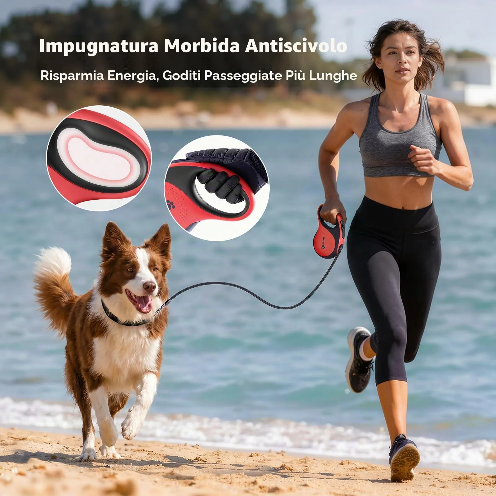 Pecute Guinzaglio per Cani Allungabile 8m (fino a 50kg), 360° Anti-Tangle, Freno Rapido e Impugnatura Antiscivolo, con Sacchetti Igienici e Porta Sacchetti,Rosso - immagine 3