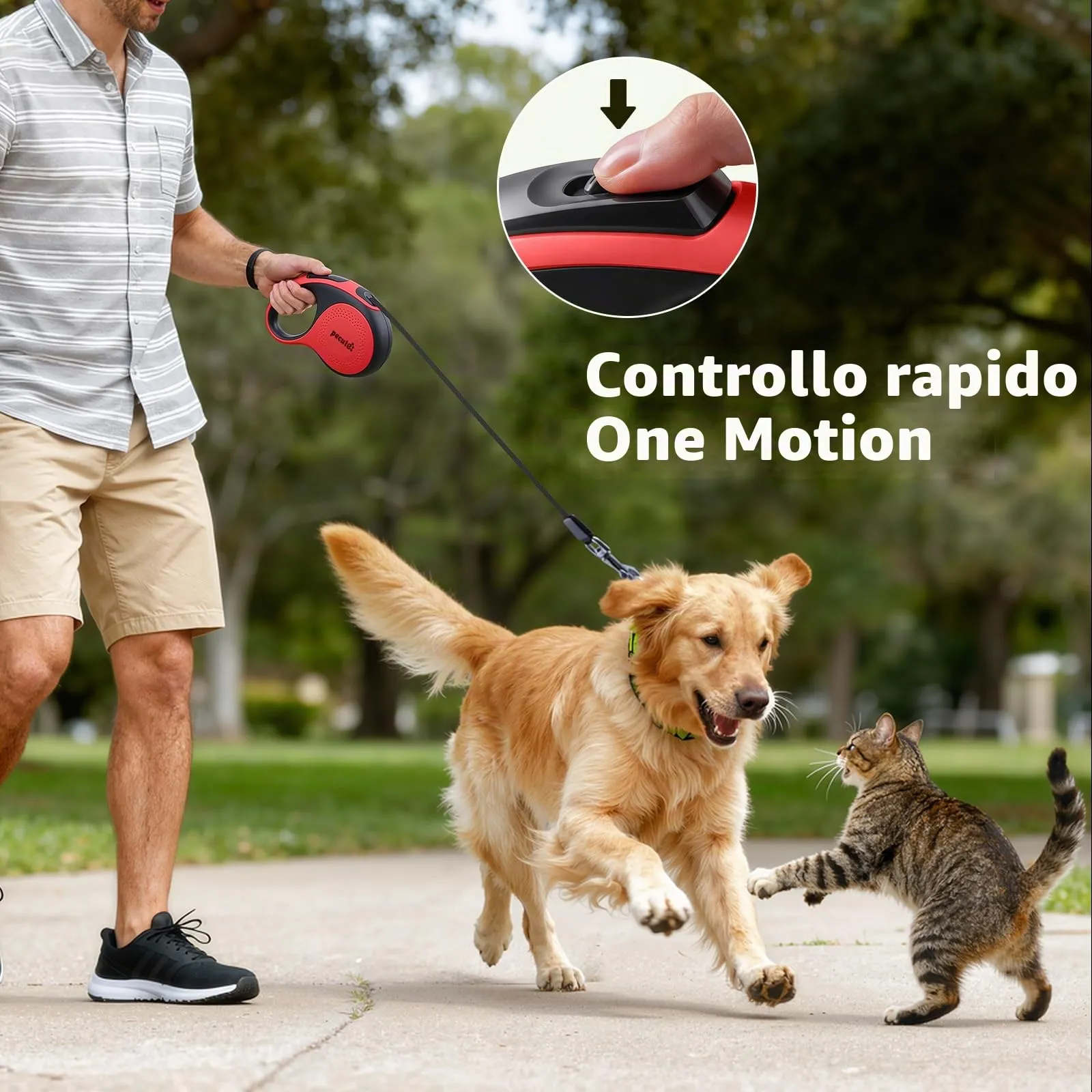 Pecute Guinzaglio per Cani Allungabile 8m (fino a 50kg), 360° Anti-Tangle, Freno Rapido e Impugnatura Antiscivolo, con Sacchetti Igienici e Porta Sacchetti,Rosso - immagine 4